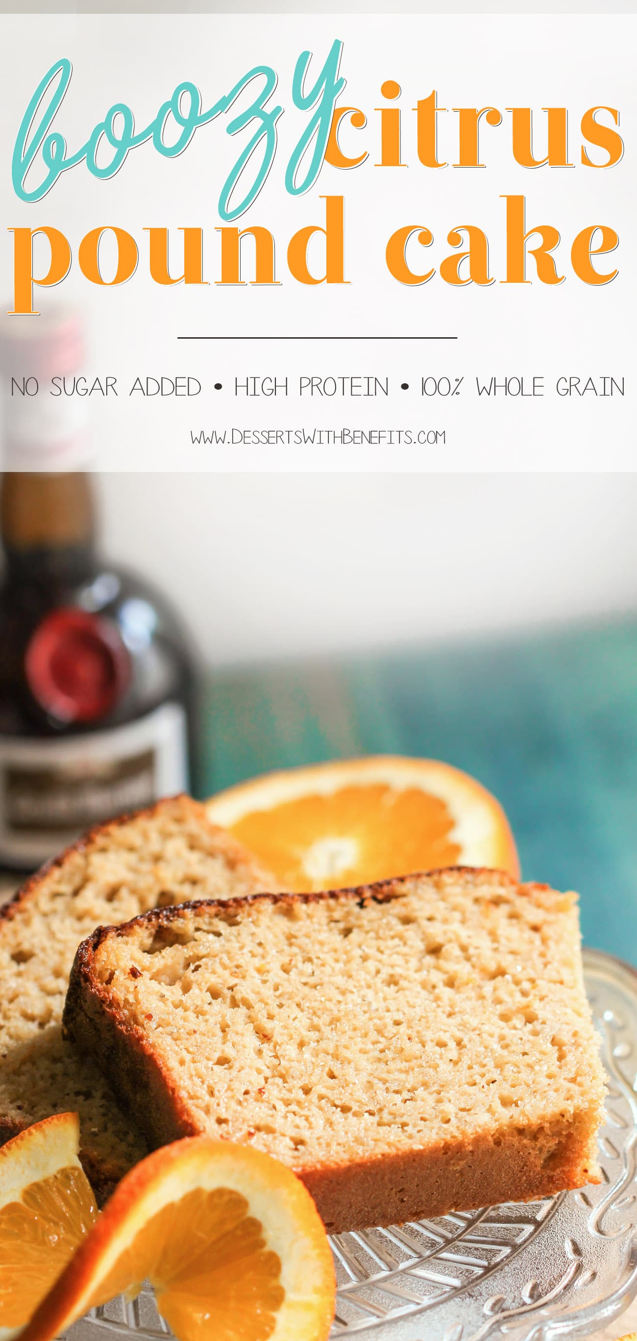 This Healthy BOOZY Orange Pound Cake is sweet, buttery, and full of refreshing orange flavor. You'd never know it's low sugar, high protein, and whole grain, and you’d DEFINITELY never guess that it’s made without butter! Healthy Dessert Recipes with sugar free, low calorie, low fat, low carb, high protein, gluten free, dairy free, vegan, and raw options at the Desserts With Benefits Blog (www.DessertsWithBenefits.com)