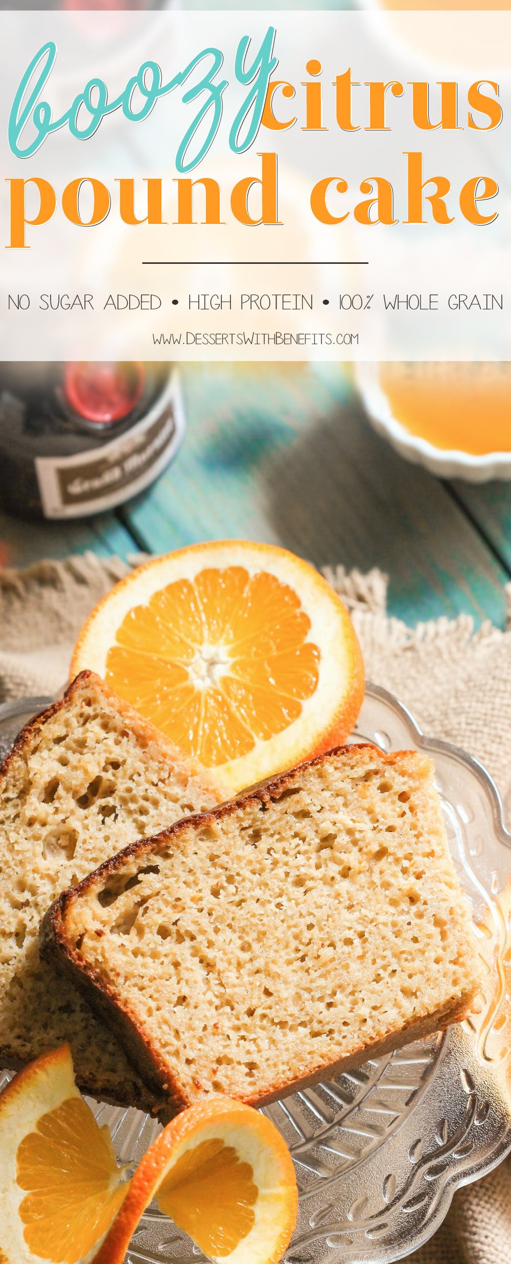 This Healthy BOOZY Orange Pound Cake is sweet, buttery, and full of refreshing orange flavor. You'd never know it's low sugar, high protein, and whole grain, and you’d DEFINITELY never guess that it’s made without butter! Healthy Dessert Recipes with sugar free, low calorie, low fat, low carb, high protein, gluten free, dairy free, vegan, and raw options at the Desserts With Benefits Blog (www.DessertsWithBenefits.com)