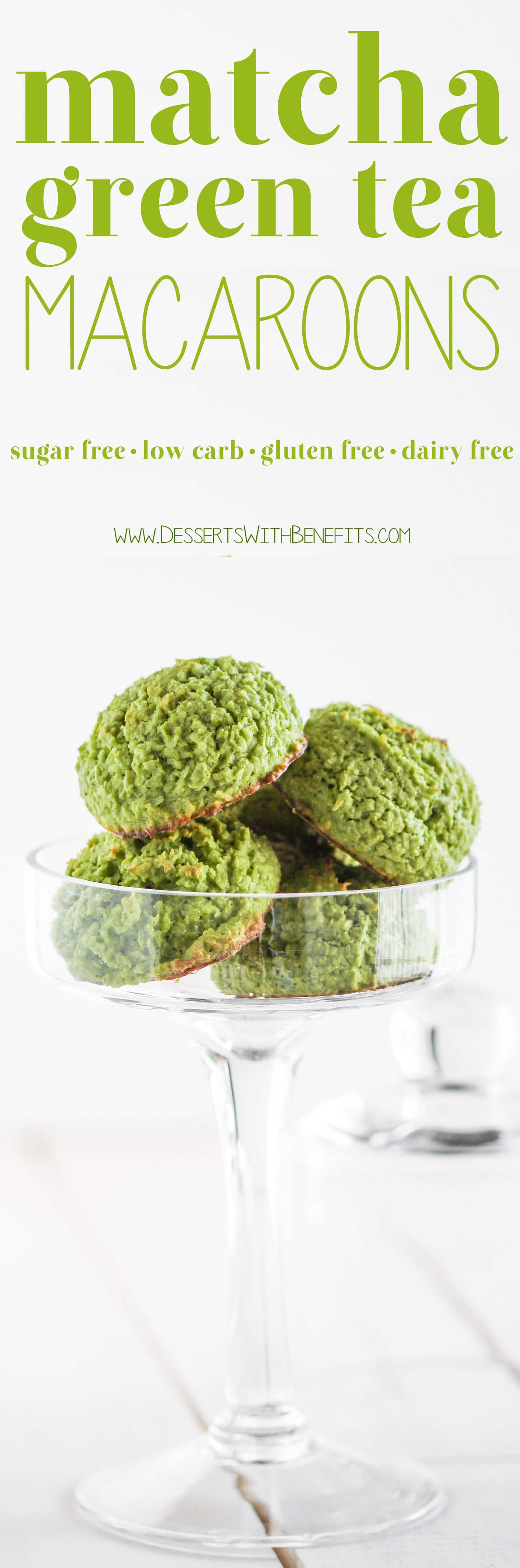 90-calorie Matcha Green Tea Coconut Macaroons – heaven in a bite-sized package! They’re chewy from the coconut, have a deep, sophisticated matcha flavor, and are perfectly sweet. You’d never know these Matcha Macaroons are sugar free, low carb, gluten free, AND dairy free! Healthy Dessert Recipes at the Desserts With Benefits Blog (www.DessertsWithBenefits.com)