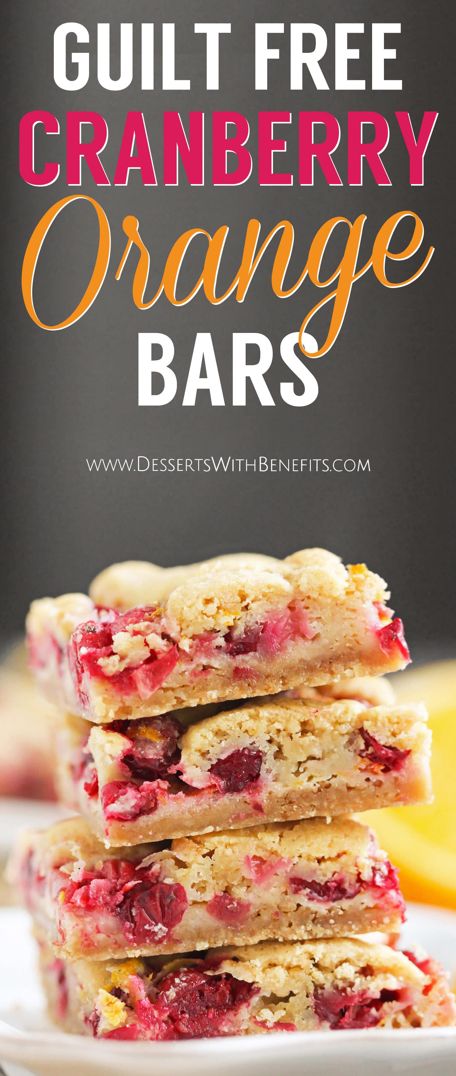 Guilt Free Cranberry Orange Bars – where blondies meet pie. These are seriously like a mix between sugar cookie blondies, a slice of cranberry pie, and the cranberry bliss bars at Starbucks. The perfect treat for the holidays. The kicker? They're low calorie, reduced fat, and lower sugar than your typical holiday desserts. Healthy Dessert Recipes at the Desserts With Benefits Blog (www.DessertsWithBenefits.com)