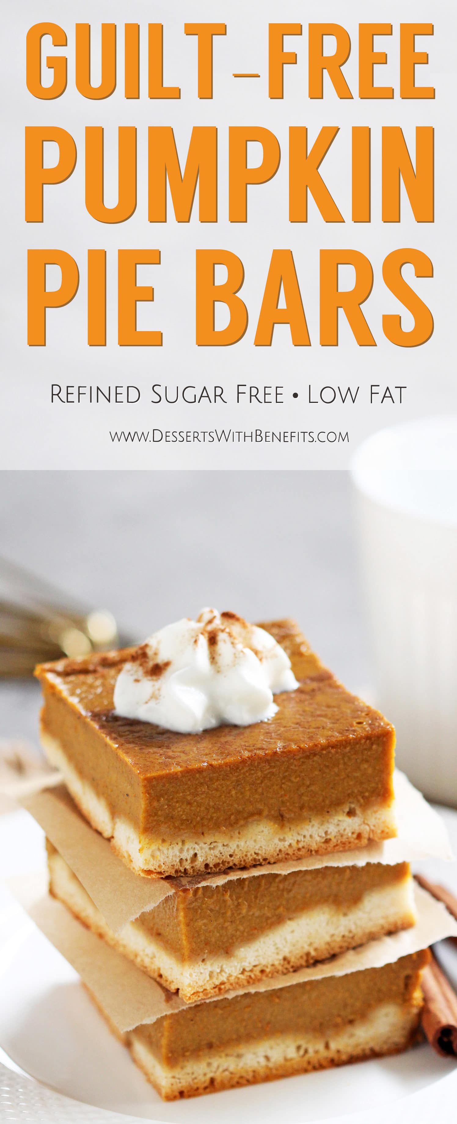 These Guilt Free Pumpkin Pie Bars are just like your classic pumpkin pie -- silky smooth, perfectly sweet, and ultimately satisfying -- but in a perfect square! You’d never know these pie bars are made lower calorie, lower fat, and lower sugar! Healthy Dessert Recipes at the Desserts With Benefits Blog (www.DessertsWithBenefits.com)