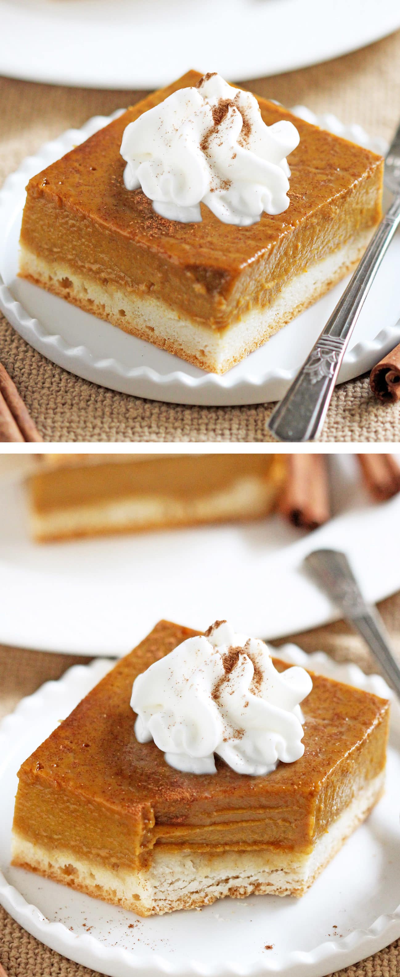 These Guilt Free Pumpkin Pie Bars are just like your classic pumpkin pie -- silky smooth, perfectly sweet, and ultimately satisfying -- but in a perfect square! You’d never know these pie bars are made lower calorie, lower fat, and lower sugar! Healthy Dessert Recipes at the Desserts With Benefits Blog (www.DessertsWithBenefits.com)