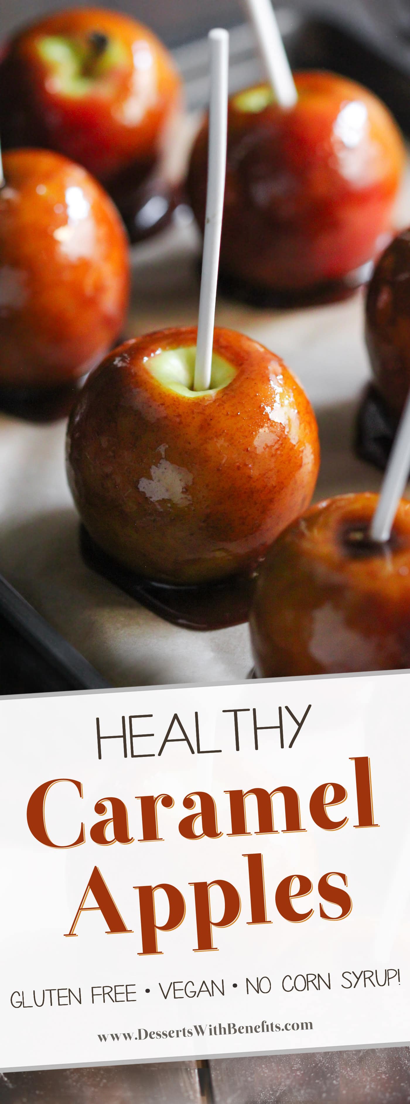 Healthy Caramel Apples! Love Caramel Apples but don't want all the sugar, corn syrup, cream, or butter? Make them at home! These sweet, crunchy apples are coated in a rich, sticky caramel. They're so addicting you'd NEVER suspect they're refined sugar free (made without corn syrup!), dairy free, and vegan. Healthy Dessert Recipes at the Desserts With Benefits Blog (www.DessertsWithBenefits.com)
