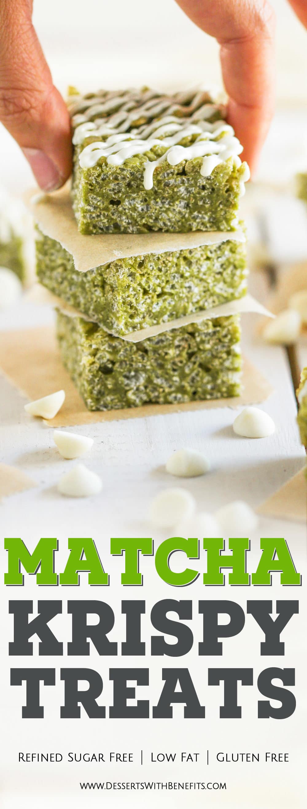 These Healthy Matcha Green Tea Krispy Treats have a subtle yet vibrant matcha flavor. They’re crunchy, chewy, and perfectly sweet – it’s heaven in a little square package! You’d never know they’re refined sugar free, low fat, and gluten free. Healthy Dessert Recipes at the Desserts With Benefits Blog