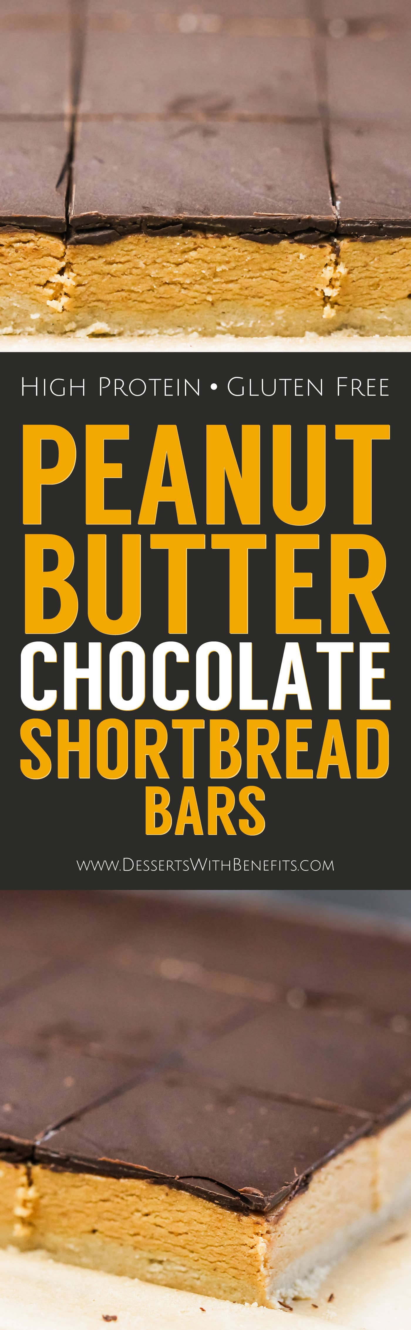 These no bake Healthy Peanut Butter Dark Chocolate Shortbread Bars are uber rich and decadent, it's hard to believe they're gluten free, refined sugar free, high protein, and super easy to make! Healthy Dessert Recipes at the Desserts With Benefits Blog (www.DessertsWithBenefits.com)