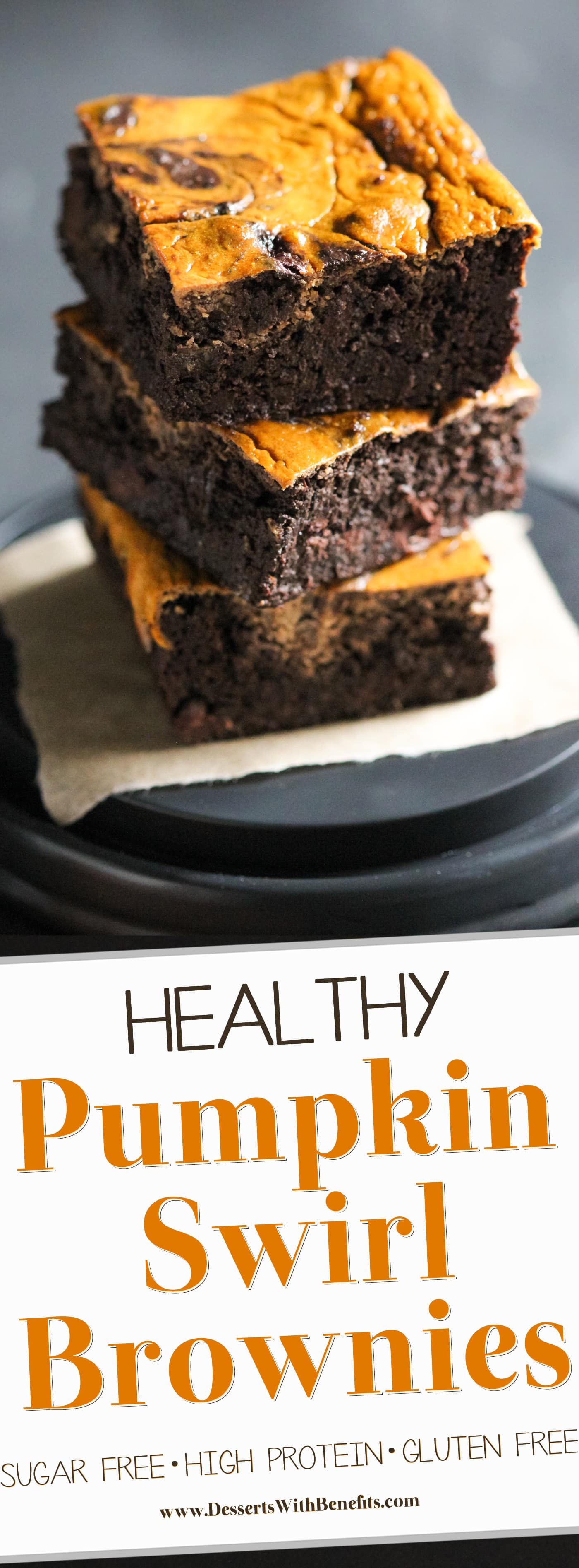 These Healthy Pumpkin Swirl Brownies are comprised of an UBER fudgy brownie base studded with chocolate chips, and are topped with a rich, cinnamon-spiced, pumpkin cream cheese swirl. These brownies are delicious, addictive, and secretly good for you too. You'd never guess these are sugar free, high protein, high fiber, and gluten free! Healthy Dessert Recipes at the Desserts With Benefits Blog (www.DessertsWithBenefits.com)