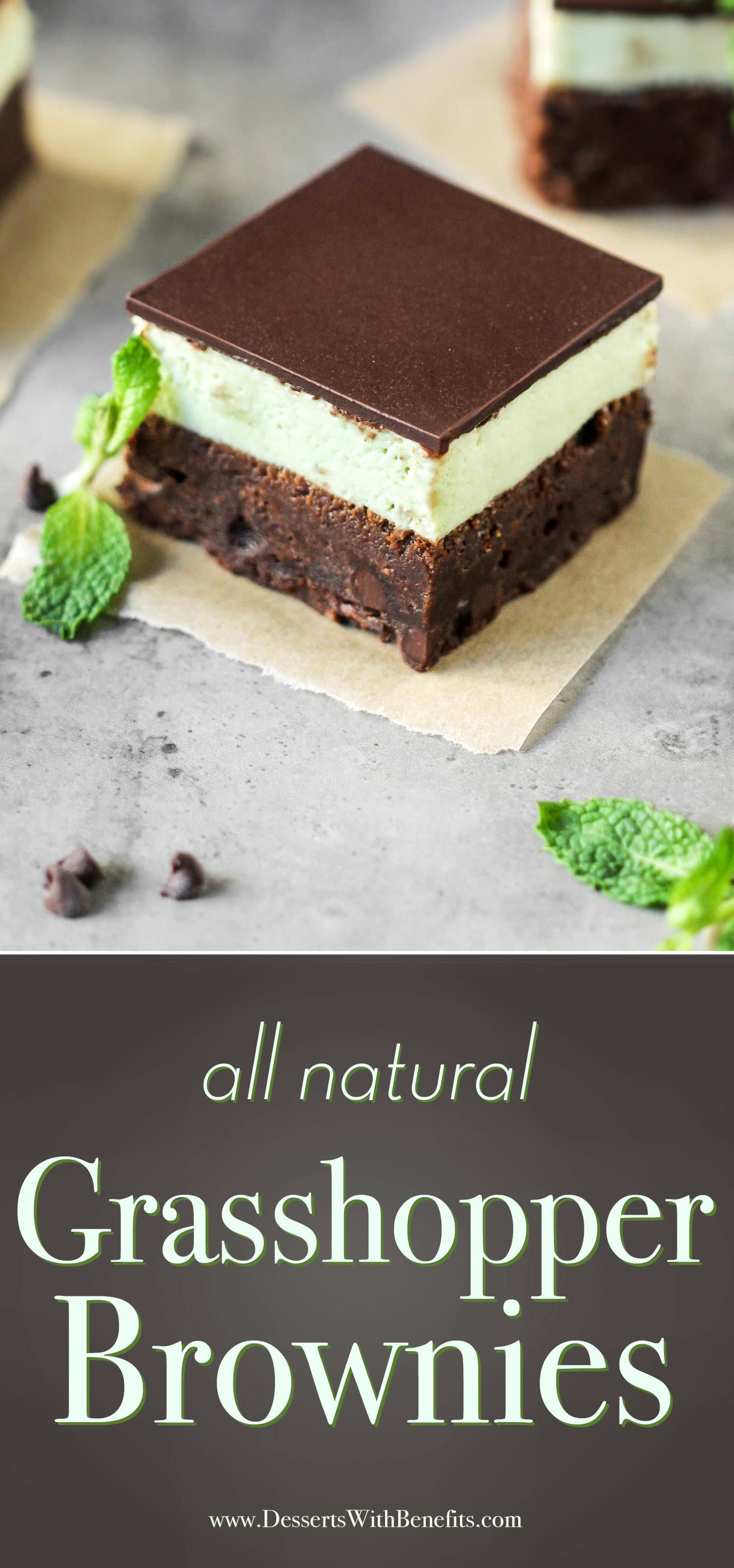 These Grasshopper Brownies are chocolatey, minty, sweet, and SUPREMELY delicious! Made with the fudgiest of the fudgy brownie base, a thick layer of mint frosting, and the perfect amount of dark chocolate to top everything off. This is one incredible, if not mind-blowing, dessert! Healthy Dessert Recipes at the Desserts With Benefits Blog (www.DessertsWithBenefits.com)