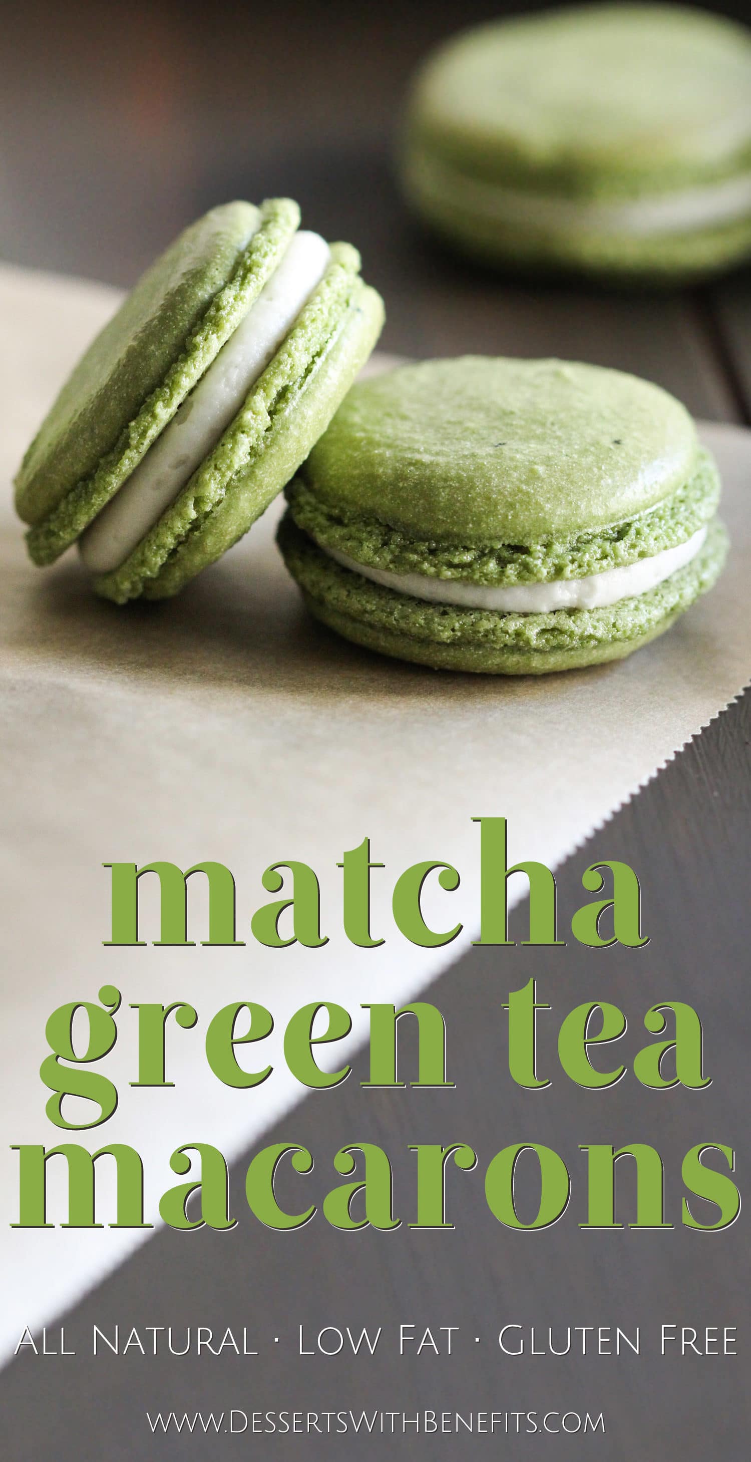 These Healthy Matcha Green Tea French Macarons aren't your typical macarons... these are made without the bleached white sugar, artificial flavorings, and artificial food dyes! That vibrant green you see is ALL NATURAL. These bite-sized treats are sweet, addicting, unique, and sophisticated. They're all natural, low fat, and gluten free too! Healthy Dessert Recipes at the Desserts With Benefits Blog