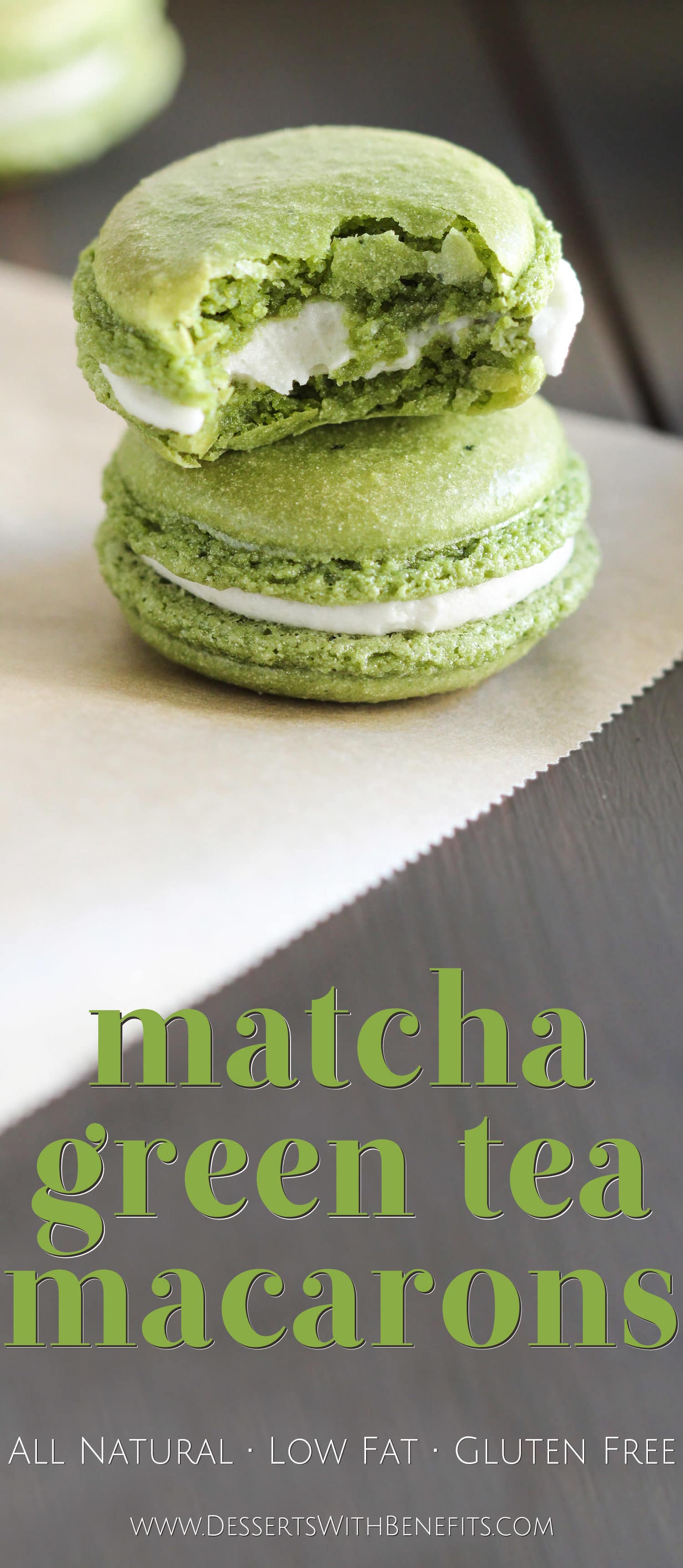 These Healthy Matcha Green Tea French Macarons aren't your typical macarons... these are made without the bleached white sugar, artificial flavorings, and artificial food dyes! That vibrant green you see is ALL NATURAL. These bite-sized treats are sweet, addicting, unique, and sophisticated. They're all natural, low fat, and gluten free too! Healthy Dessert Recipes at the Desserts With Benefits Blog