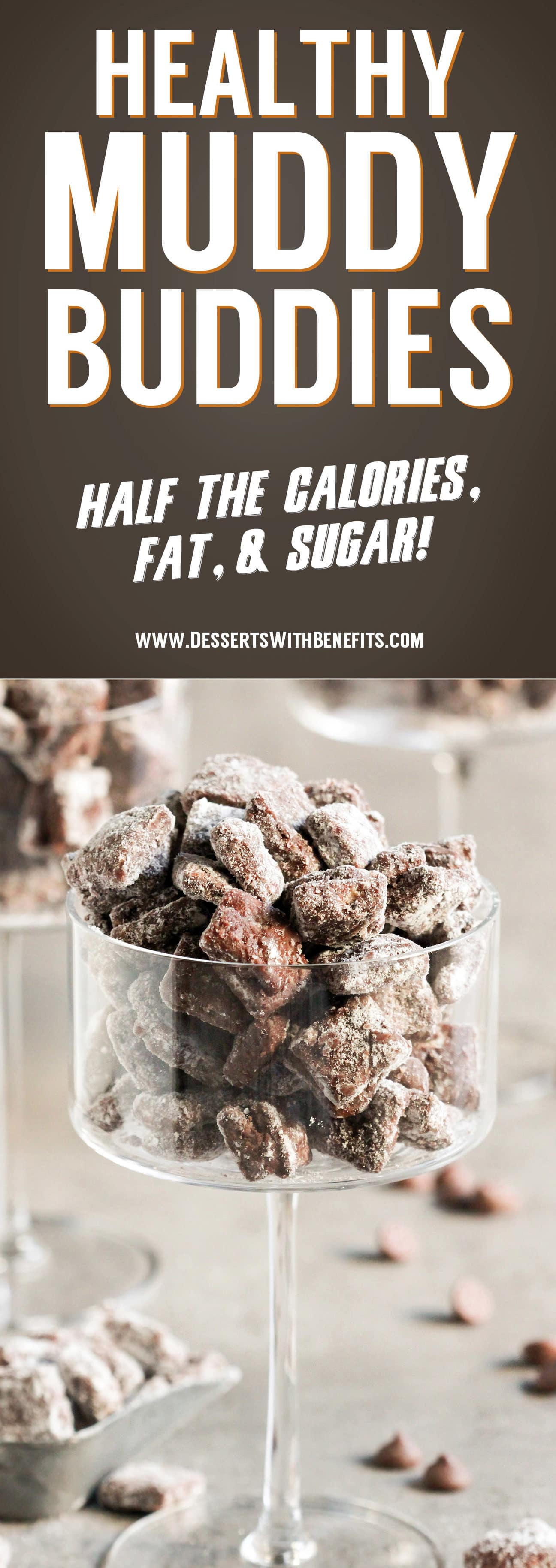These Healthy Muddy Buddies (or Healthy Puppy Chow, whatever you like to call it!) are the PERFECT snack! Crunchy, sweet, chocolatey, peanut buttery, and delicious. You’d never know it’s got half the calories and fat as the original, a fraction of the sugar, and is dairy free and vegan too! Healthy Dessert Recipes at the Desserts With Benefits Blog (www.DessertsWithBenefits.com)