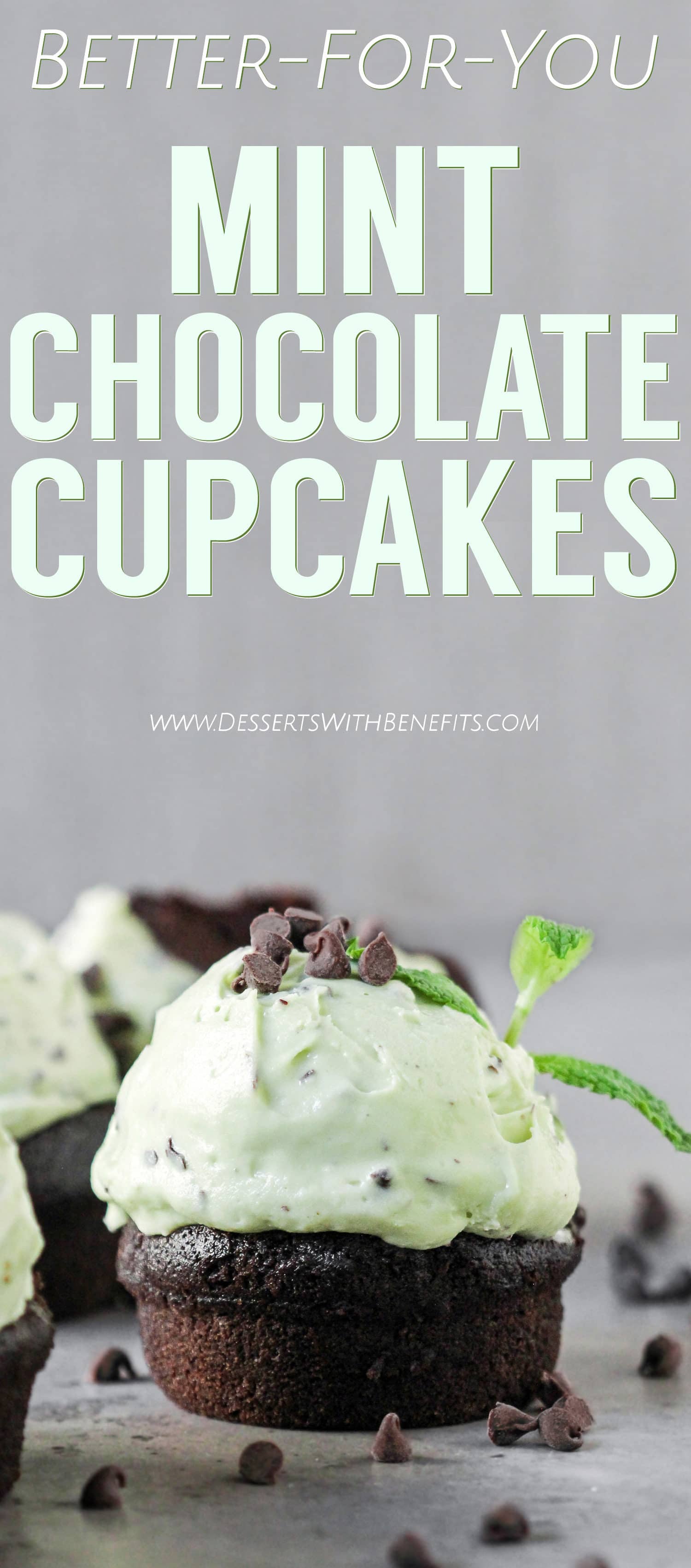 These Mint Chocolate Cupcakes are where mint chocolate chip ice cream and chocolate cupcakes COLLIDE! On top of super soft, moist, and rich chocolate cupcakes, we've got the fluffiest mint frosting studded throughout with chocolate shards. Healthy Dessert Recipes at the Desserts With Benefits Blog (www.DessertsWithBenefits.com)