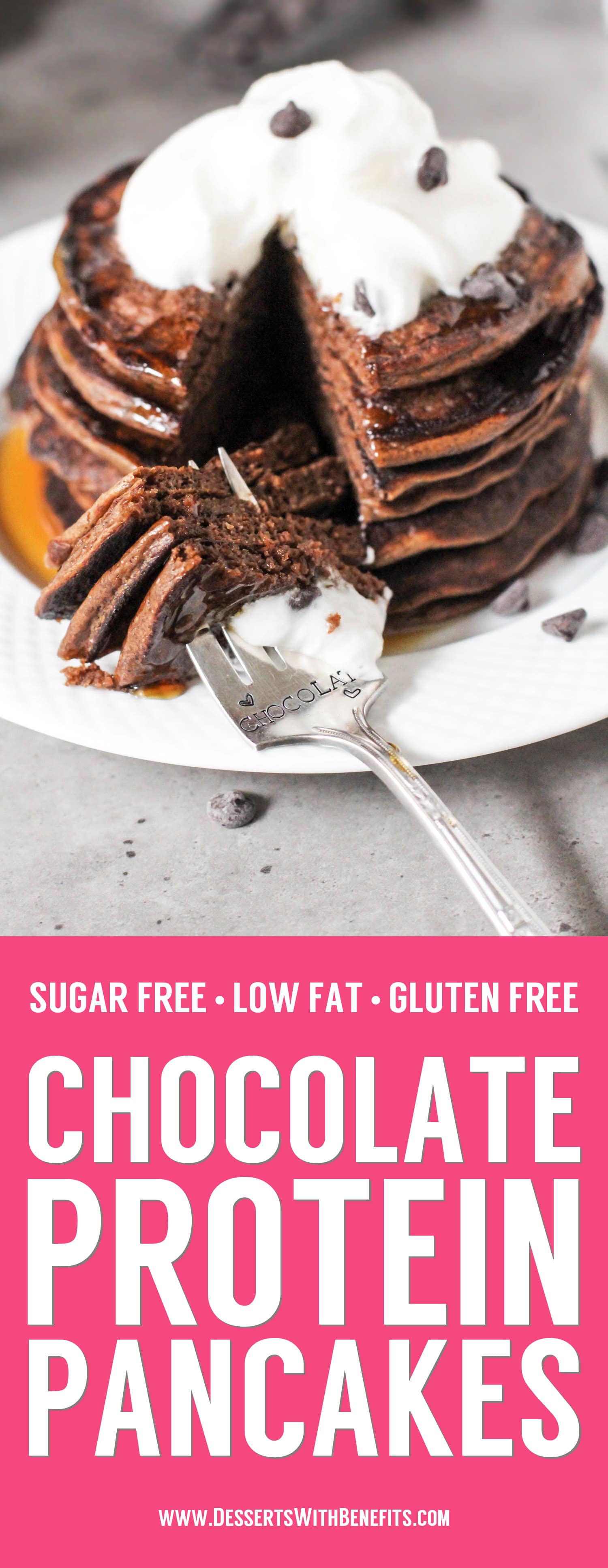 These Healthy Chocolate Protein Pancakes are uber light and fluffy, and they're perfectly sweet and chocolatey too. One bite and you won't be able to tell they're gluten free, sugar free, low fat, and packed with a whopping 18g of protein per serving!