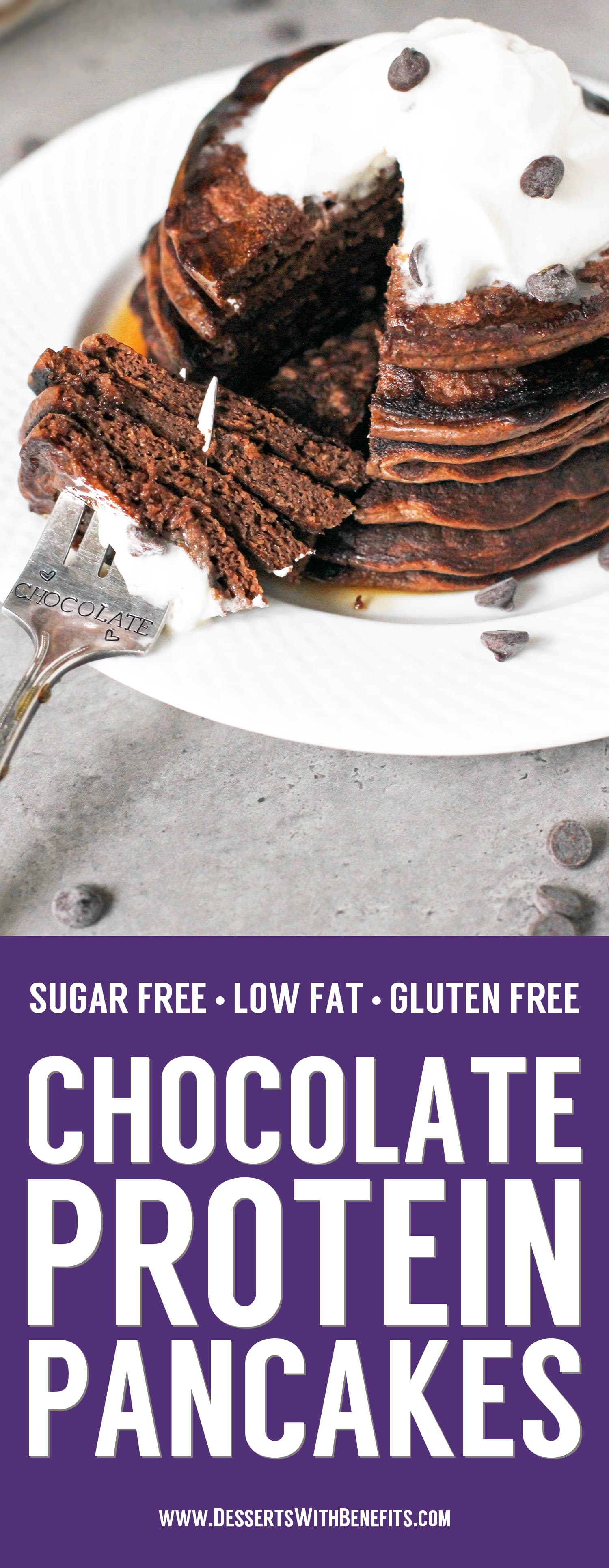 These Healthy Chocolate Protein Pancakes are uber light and fluffy, and they're perfectly sweet and chocolatey too. One bite and you won't be able to tell they're gluten free, sugar free, low fat, and packed with a whopping 18g of protein per serving!