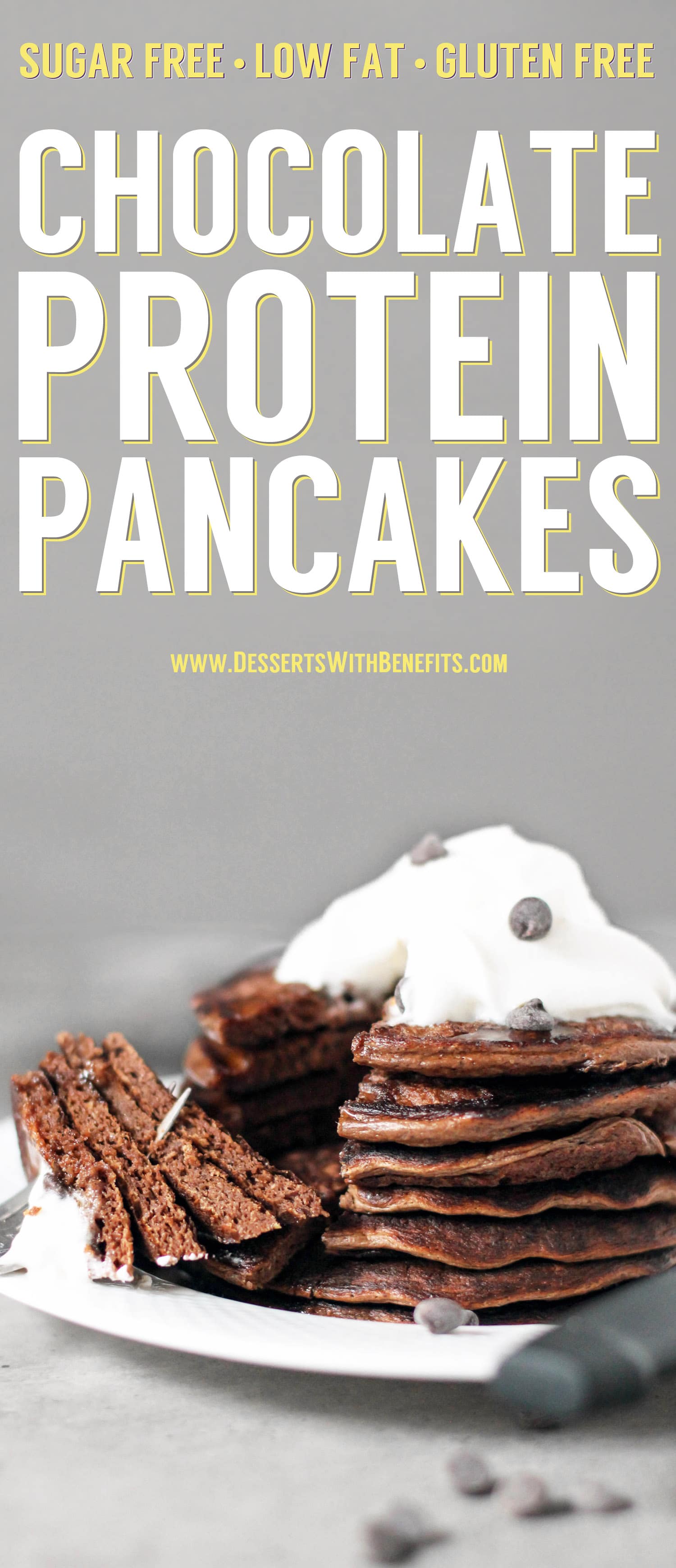 These Healthy Chocolate Protein Pancakes are uber light and fluffy, and they're perfectly sweet and chocolatey too. One bite and you won't be able to tell they're gluten free, sugar free, low fat, and packed with a whopping 18g of protein per serving!