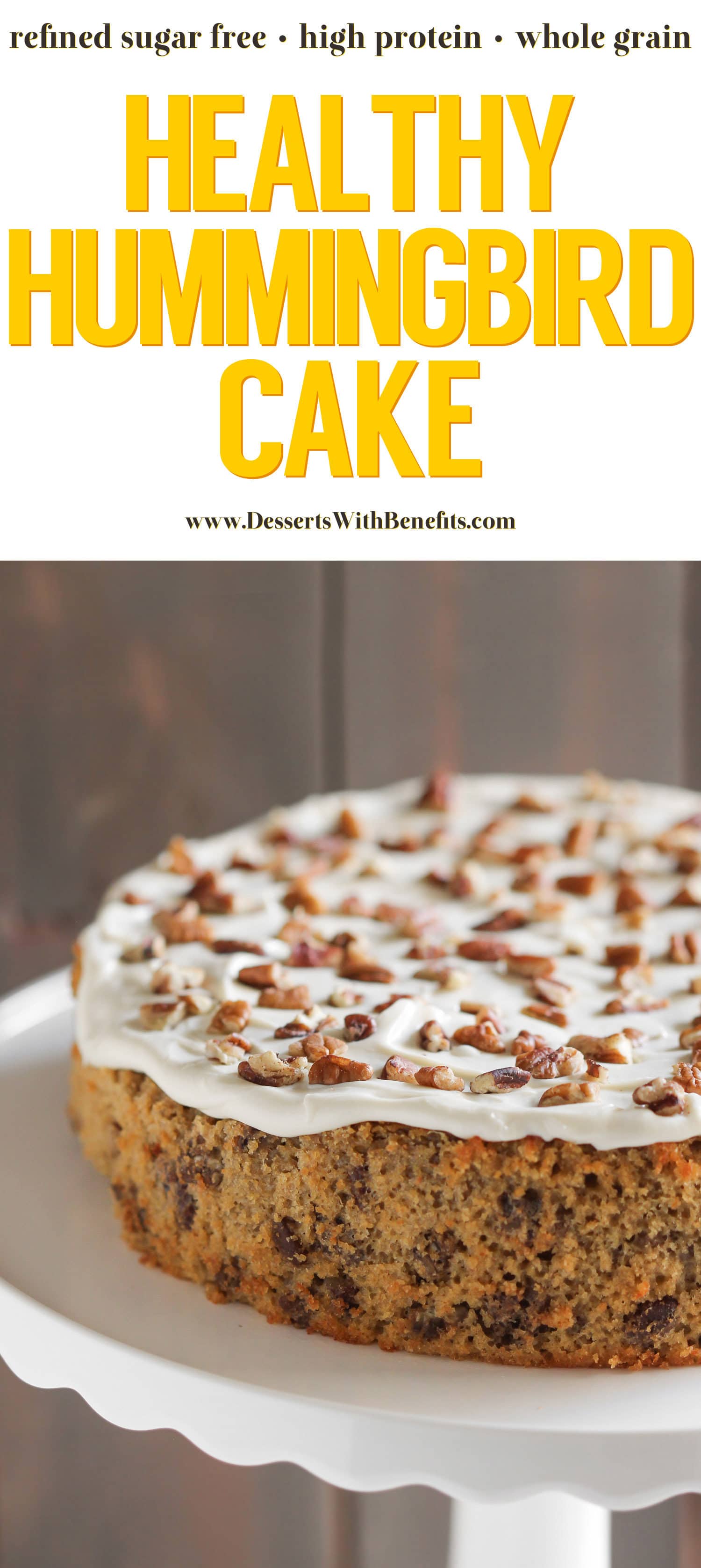 Hummingbird Cake is full of pineapple, banana, and pecans... and lots of calories and fat too. But NOT this one! This HEALTHY Hummingbird Cake so delicious, sweet, moist, and decadent, you'd never know it's lower calorie, lower fat, and lower sugar than the original. Healthy Dessert Recipes with sugar free, low calorie, low fat, low carb, high protein, gluten free, dairy free, and vegan options at the Desserts With Benefits Blog (www.DessertsWithBenefits.com)