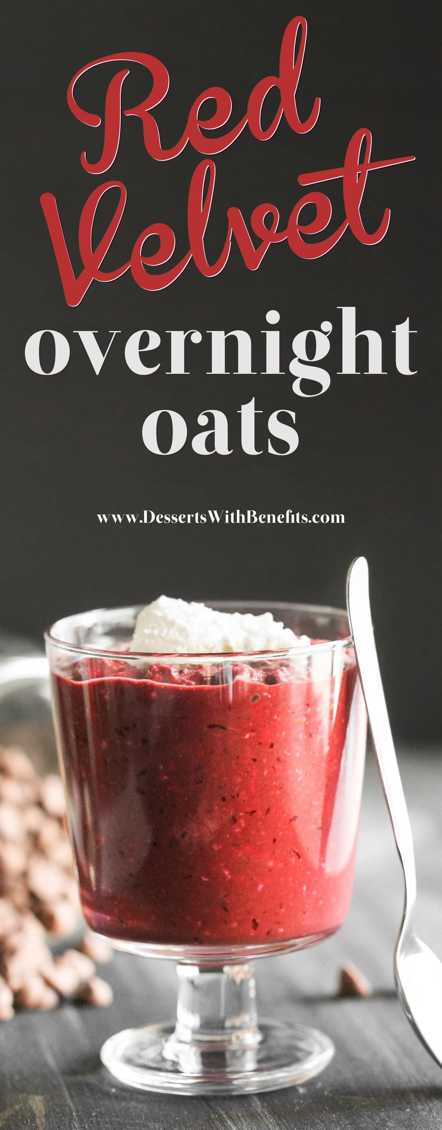 Have dessert for breakfast with these Healthy Red Velvet Overnight Dessert Oats! This single serving recipe is all natural (no artificial food dyes here) sugar free, high fiber, gluten free, dairy free, and vegan. Satisfy your morning sweet tooth while getting in some nutrition! Healthy Dessert Recipes with low calorie, low fat, low carb, and high protein options at the Desserts With Benefits Blog.