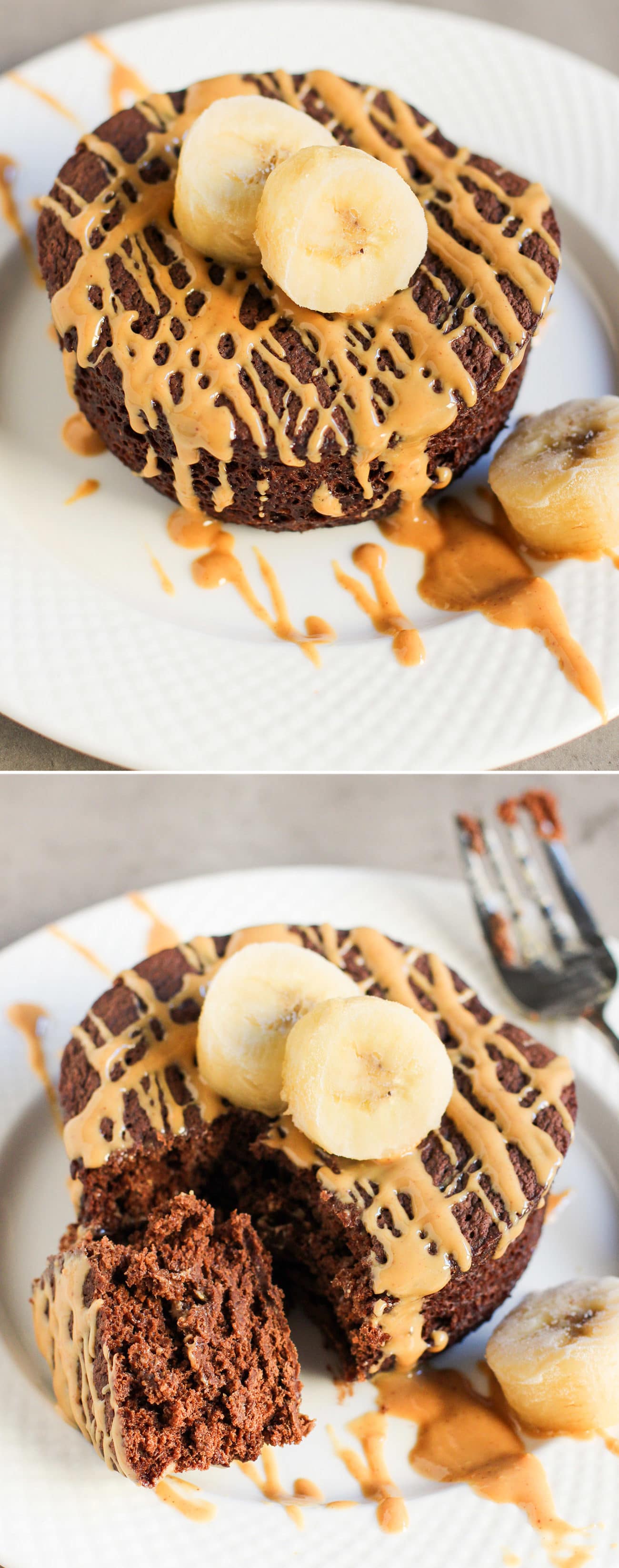 5-Minute Healthy Single-Serving Chocolate Peanut Butter Banana Microwave Cake (refined sugar free, high protein, high fiber, gluten free, vegan) -- Healthy Dessert Recipes at the Desserts With Benefits Blog