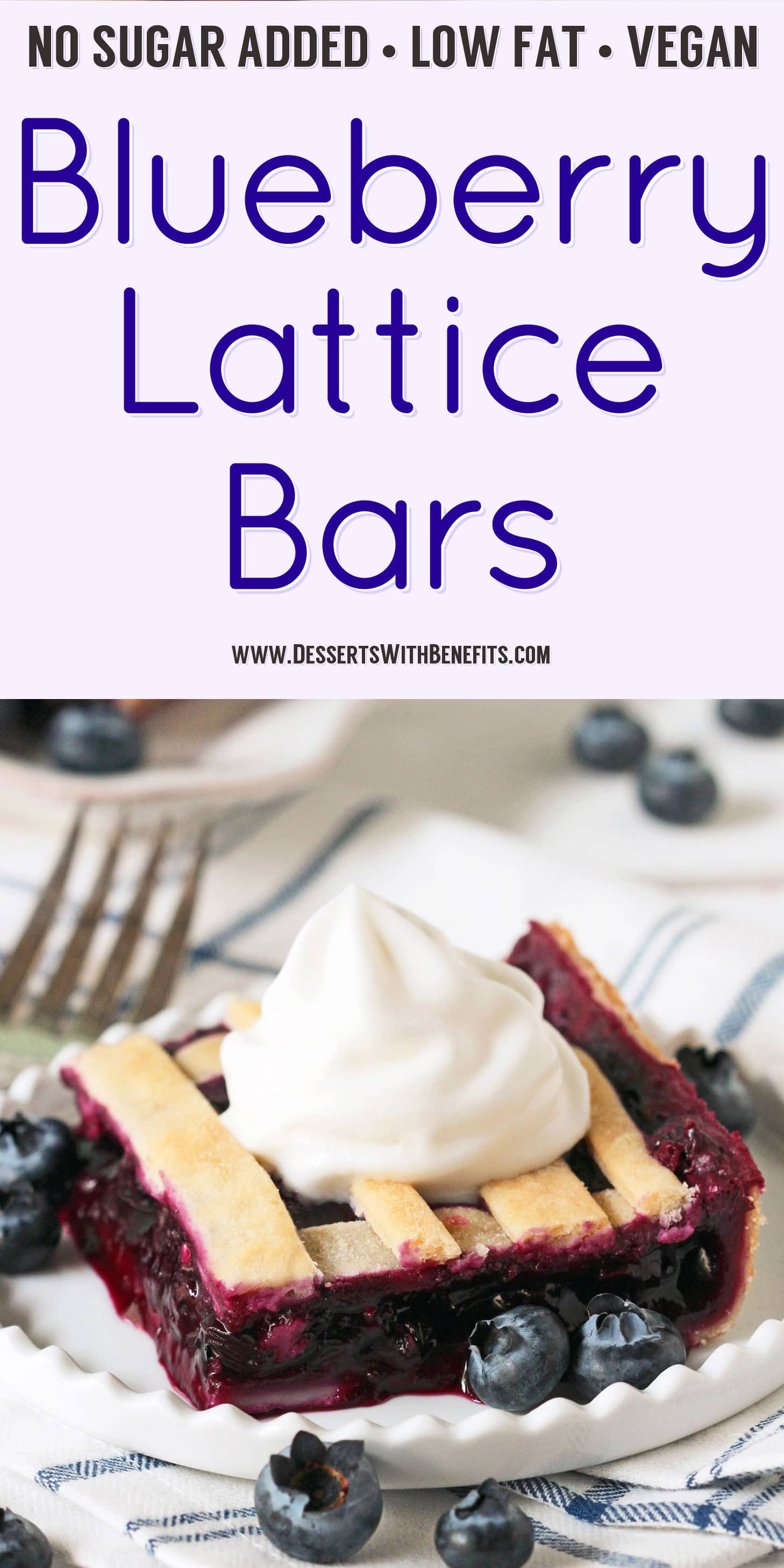These 5-ingredient Blueberry Lattice Bars are a guaranteed crowdpleaser! Bursting with sweet, fresh blueberry flavor, plus a buttery pie crust, you'd never know they're vegan, low fat, contain no added sugar, and are totally guilt free! Healthy Dessert Recipes with sugar free, low calorie, low carb, high protein, and gluten free options at the Desserts With Benefits Blog (www.DessertsWithBenefits.com)