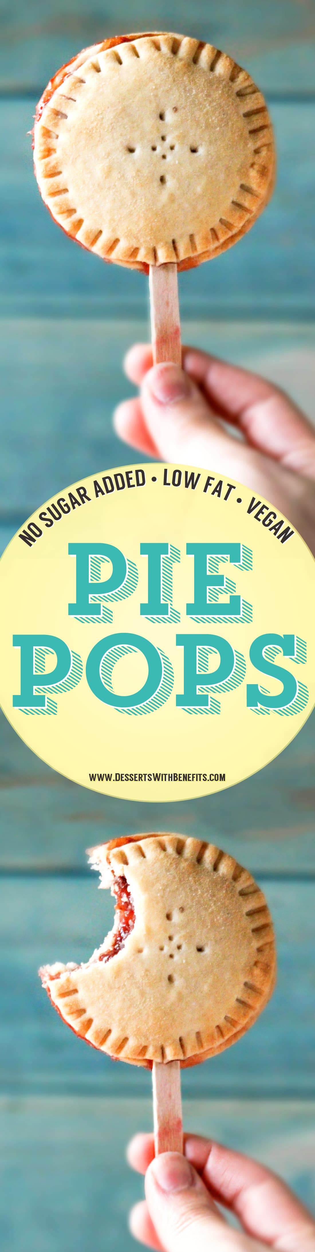 If you like pie but don't like sharing, then these Pie Pops are for YOU! You can make whatever flavor you like — strawberry to blueberry to apple to cranberry and more. These are a guaranteed crowdpleaser and no one could tell they’re totally guilt-free, low sugar, and vegan! Healthy Dessert Recipes at the Desserts With Benefits Blog (www.DessertsWithBenefits.com)
