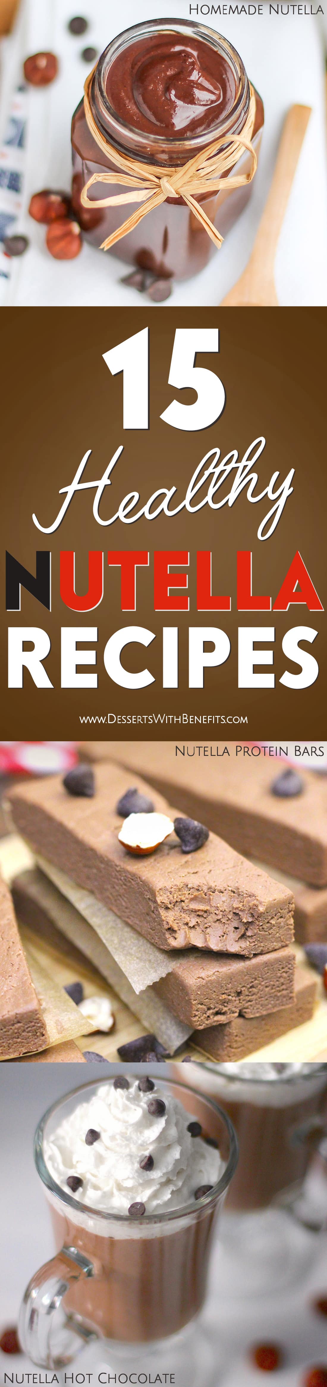 15 Healthy Nutella Recipes! Indulge in all that sweet chocolate-hazelnut flavor but without all the excess calories, refined sugar, palm oil, and artificial ingredients. From Nutella Fudge to Nutella Frozen Yogurt to Nutella Cookie Dough to Nutella Protein Bars, and more!