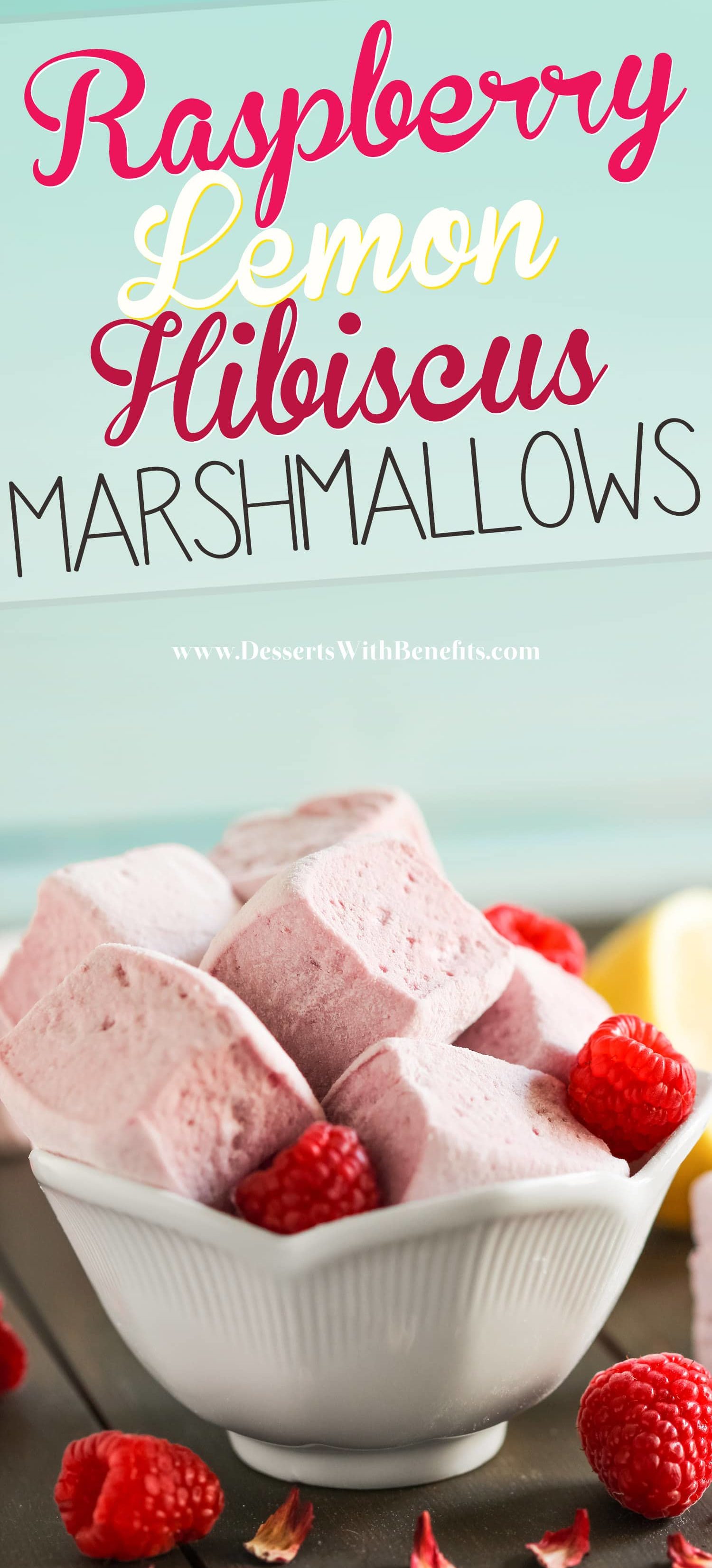 This recipe for Healthy Raspberry Lemon Hibiscus Marshmallows yields the lightest, fluffiest, and most flavorful mallows you could ever dream of! Sweet from the raspberries, tart from the lemon, unique from the hibiscus. Naturally sweetened (no corn syrup here!) and naturally pink from the hibiscus (no artificial food dyes whatsoever!) -- Healthy Dessert Recipes at the Desserts With Benefits Blog (www.DessertsWithBenefits.com)