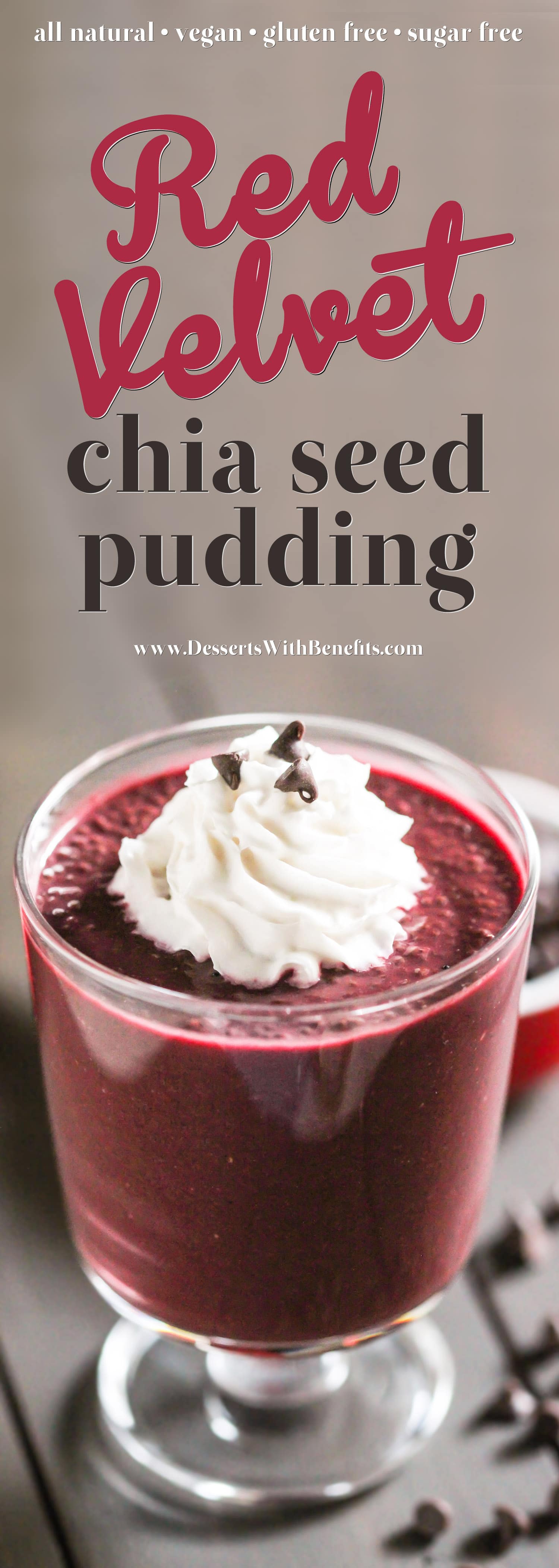 Have dessert for breakfast with this Healthy Red Velvet Chia Seed Pudding! This sweet and chocolatey recipe is all natural (no artificial food dyes here), sugar free, low carb, high fiber, gluten free, dairy free, and vegan. Satisfy your morning sweet tooth while getting in some nutrition! Healthy Dessert Recipes with low calorie, low fat, high protein, and raw options at the Desserts With Benefits Blog.