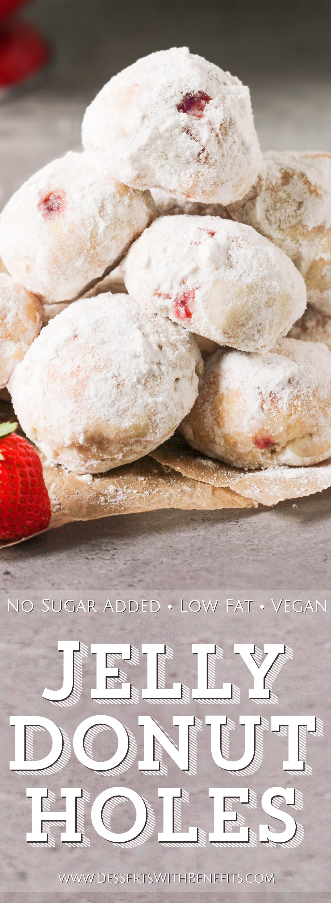 These 4-ingredient Jelly Filled Donut Holes are baked, not fried! They taste as unhealthy and delicious as regular donuts, but these are low sugar, low fat, and vegan. Nothing much better than a fresh batch of soft and fluffy Donut Holes made without the butter, artificial ingredients, and excess sugar and calories! Healthy Dessert Recipes at the Desserts With Benefits Blog (www.DessertsWithBenefits.com)