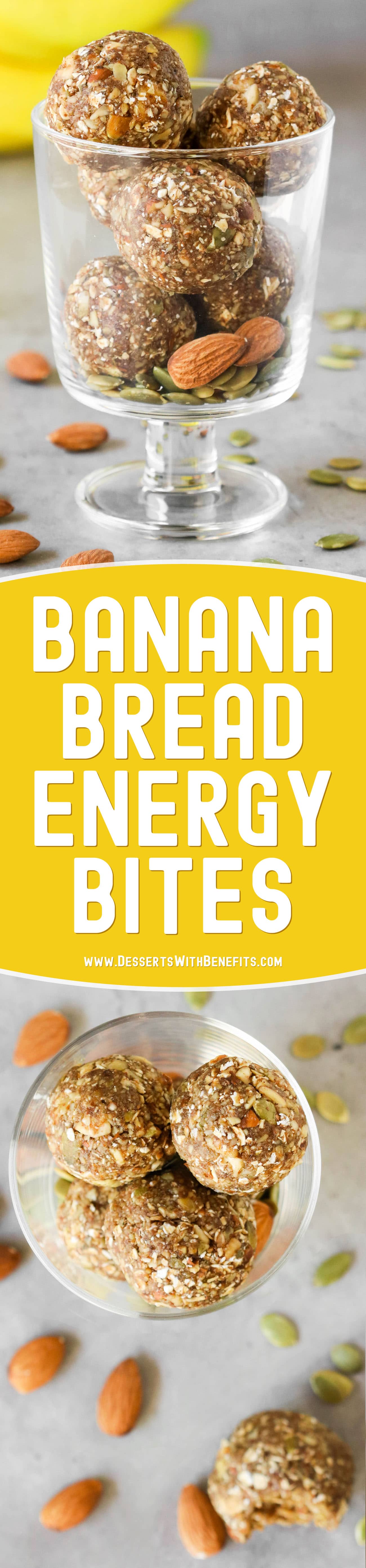These Banana Bread No Bake Energy Bites are soft, fudgy, sweet, and delicious, it's hard to believe they're raw, vegan, and gluten free, with no added sugar! They're fast and easy to make with only seven ingredients required. Satisfy your banana bread cravings the healthy way with this energy bites recipe!