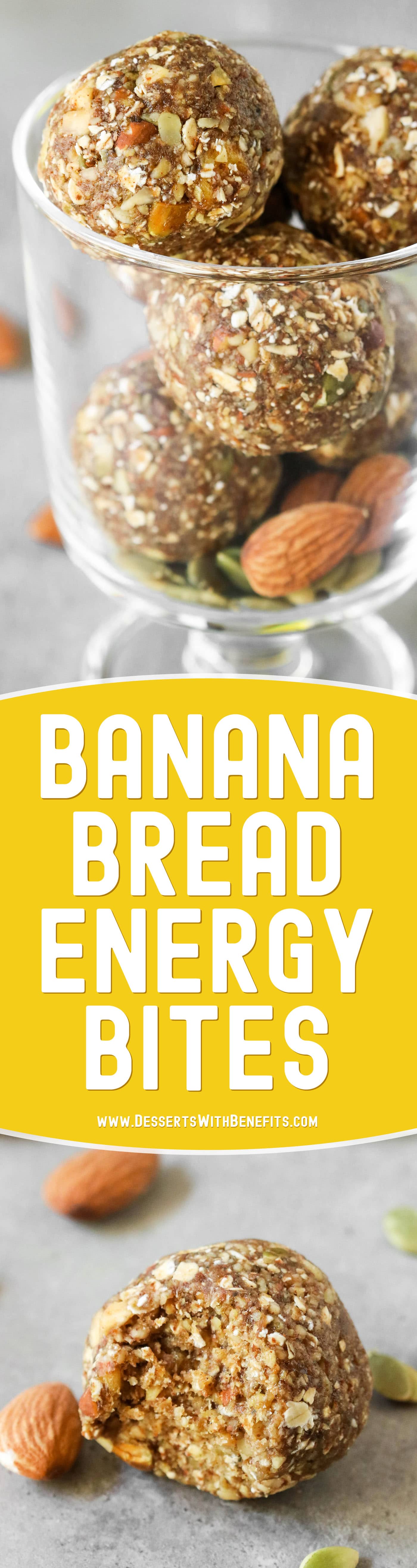 These Banana Bread No Bake Energy Bites are soft, fudgy, sweet, and delicious, it's hard to believe they're raw, vegan, and gluten free, with no added sugar! They're fast and easy to make with only seven ingredients required. Satisfy your banana bread cravings the healthy way with this energy bites recipe!