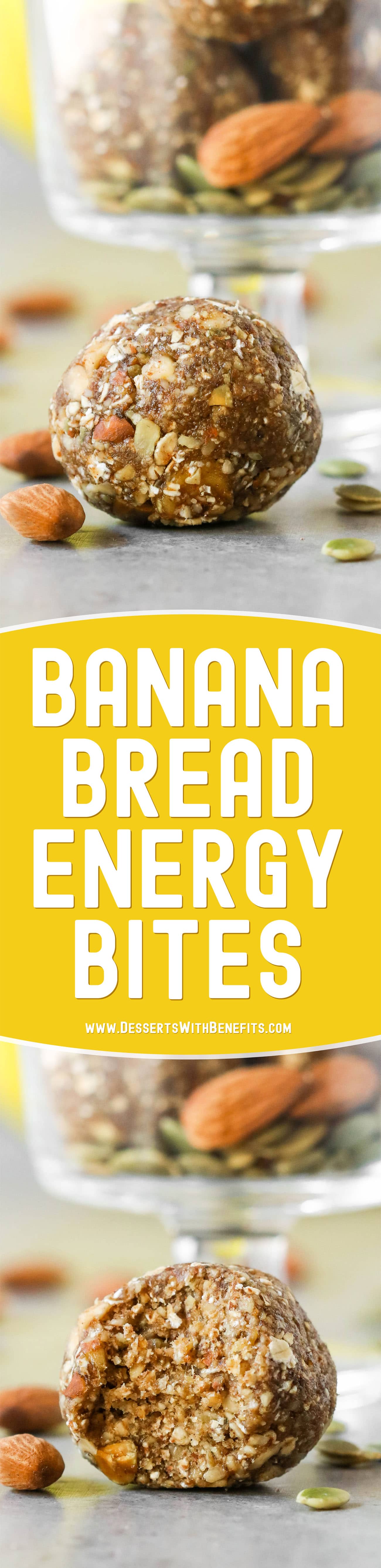 These Banana Bread No Bake Energy Bites are soft, fudgy, sweet, and delicious, it's hard to believe they're raw, vegan, and gluten free, with no added sugar! They're fast and easy to make with only seven ingredients required. Satisfy your banana bread cravings the healthy way with this energy bites recipe!