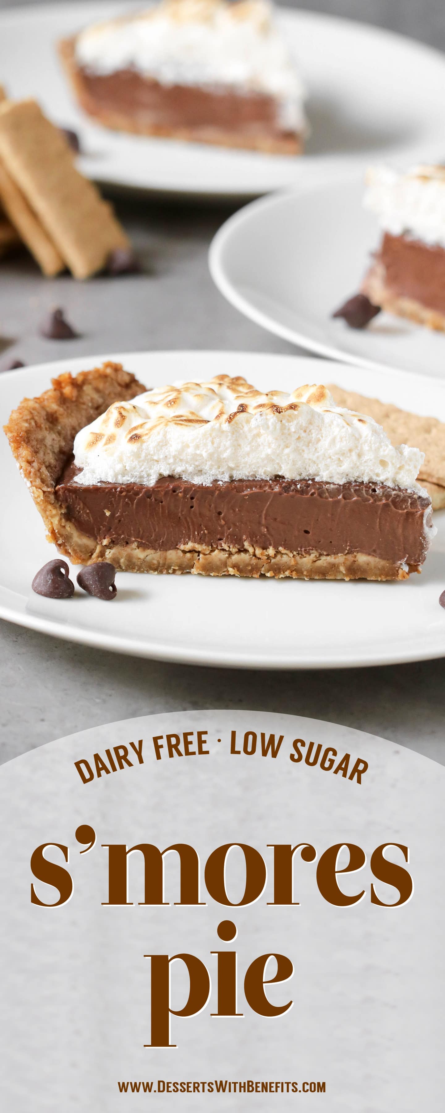 This decadent S'mores Pie has a deliciously comforting graham cracker crust, a rich and creamy chocolate filling, and a homemade marshmallow fluff topping. And it's dairy free and low in sugar! Healthy Dessert Recipes at the Desserts With Benefits Blog