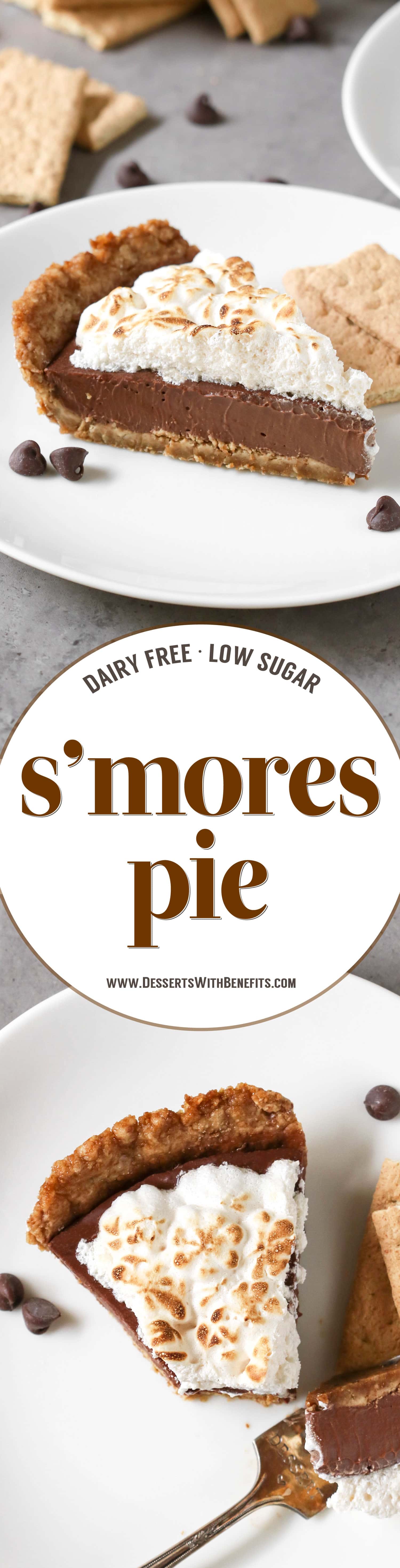 This decadent S'mores Pie has a deliciously comforting graham cracker crust, a rich and creamy chocolate filling, and a homemade marshmallow fluff topping. And it's dairy free and low in sugar! Healthy Dessert Recipes at the Desserts With Benefits Blog