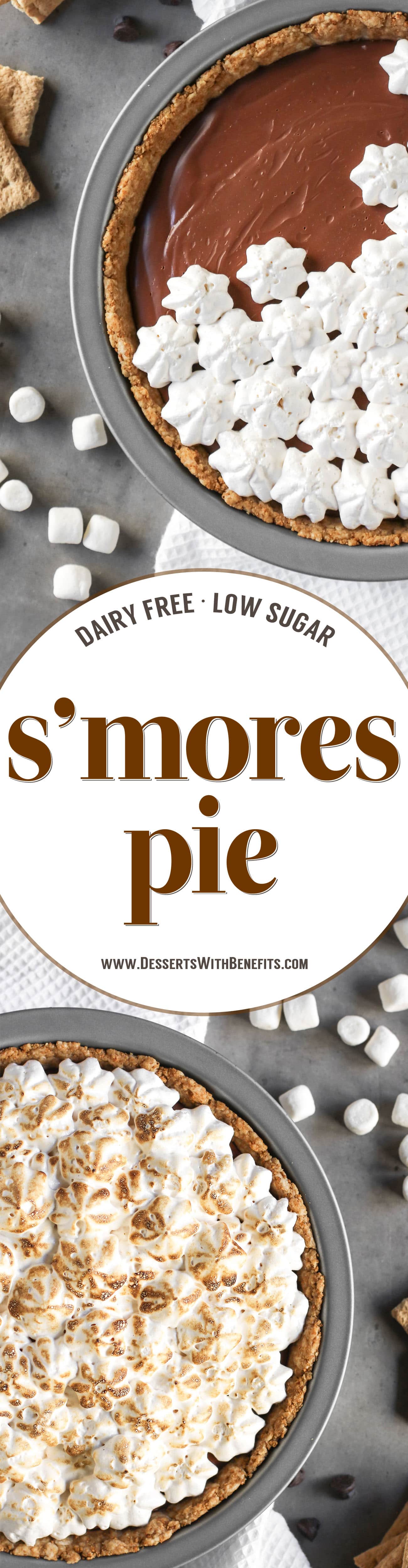 This decadent S'mores Pie has a deliciously comforting graham cracker crust, a rich and creamy chocolate filling, and a homemade marshmallow fluff topping. And it's dairy free and low in sugar! Healthy Dessert Recipes at the Desserts With Benefits Blog