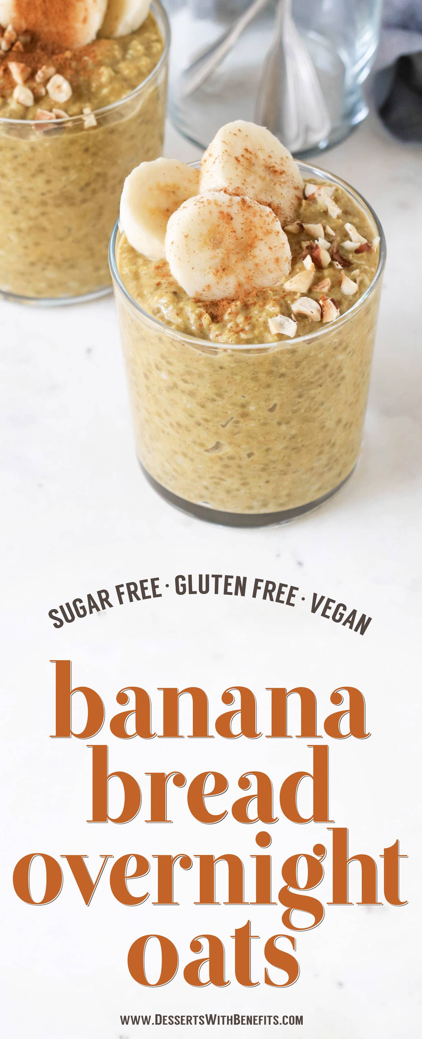 These Healthy Banana Bread Overnight Dessert Oats have all the flavor of Banana Bread but in oatmeal form, and without the butter, oil, and white sugar! This banana oatmeal is thick, sweet, and filling, and it's refined sugar free, low fat, high fiber, gluten free, dairy free, and vegan too!