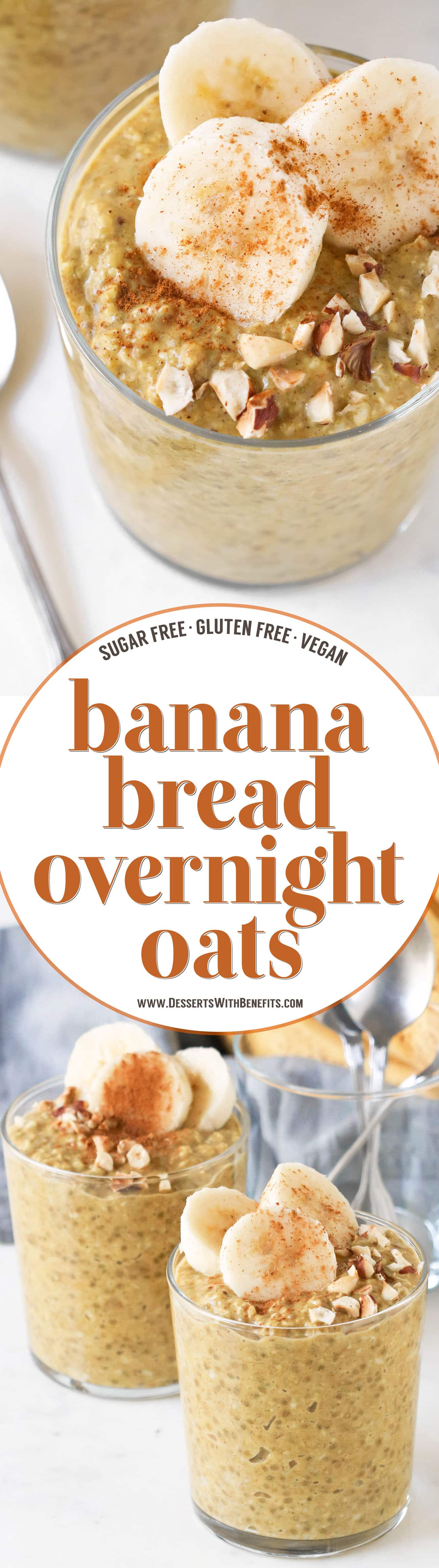These Healthy Banana Bread Overnight Dessert Oats have all the flavor of Banana Bread but in oatmeal form, and without the butter, oil, and white sugar! This banana oatmeal is thick, sweet, and filling, and it's refined sugar free, low fat, high fiber, gluten free, dairy free, and vegan too!