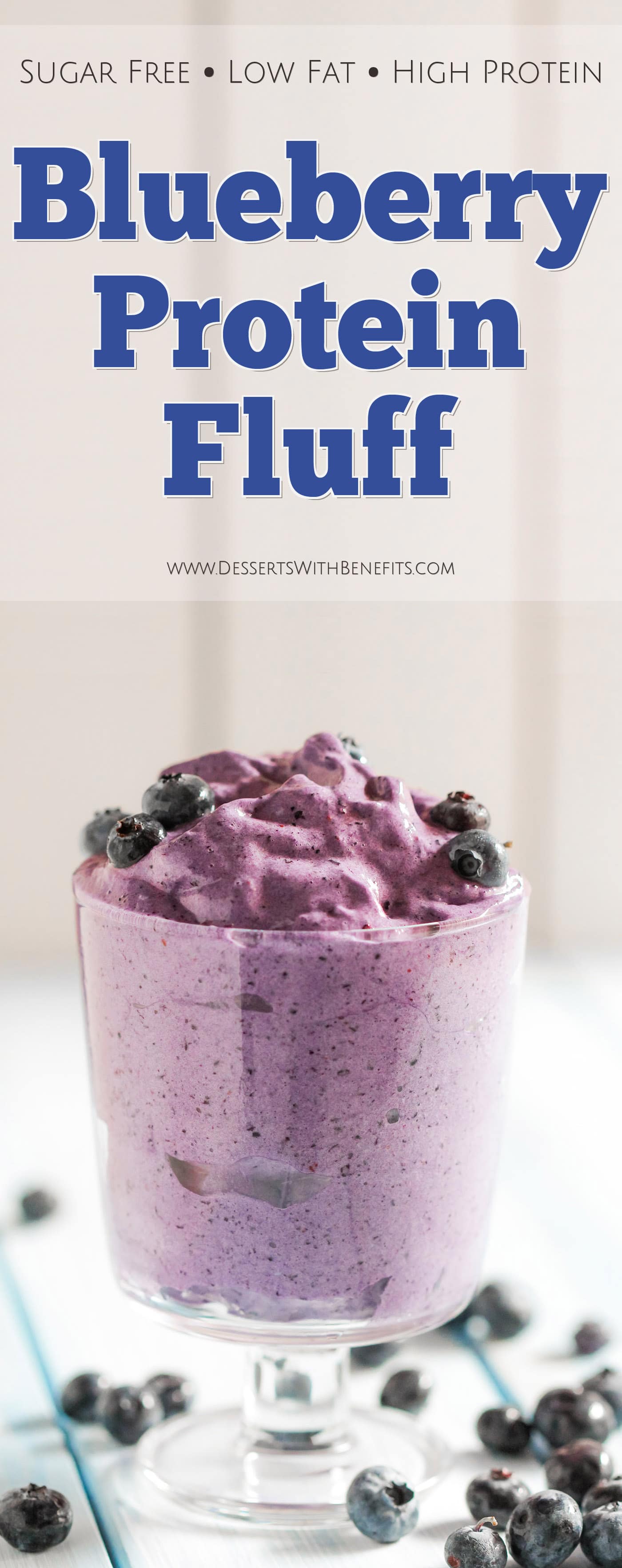 This Healthy Blueberry Protein Fluff is like a mixture between ice cream, whipped cream, and a cloud. So fluffy and voluminous with only 80 calories per serving. Plus, it's refined sugar free, low fat, high protein, and eggless! Healthy Dessert Recipes with sugar free, low calorie, low fat, low carb, high protein, gluten free, dairy free, vegan, and raw options at the Desserts With Benefits Blog (www.DessertsWithBenefits.com)