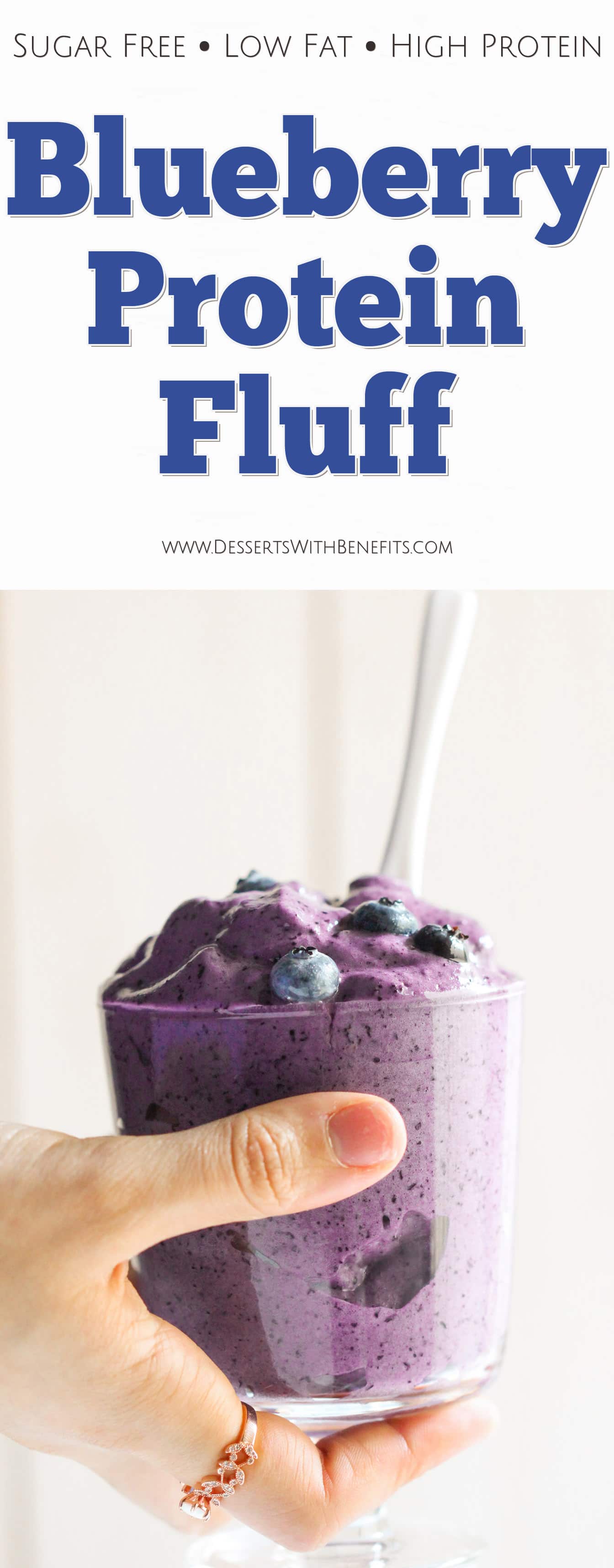 This Healthy Blueberry Protein Fluff is like a mixture between ice cream, whipped cream, and a cloud. So fluffy and voluminous with only 80 calories per serving. Plus, it's refined sugar free, low fat, high protein, and eggless! Healthy Dessert Recipes with sugar free, low calorie, low fat, low carb, high protein, gluten free, dairy free, vegan, and raw options at the Desserts With Benefits Blog (www.DessertsWithBenefits.com)