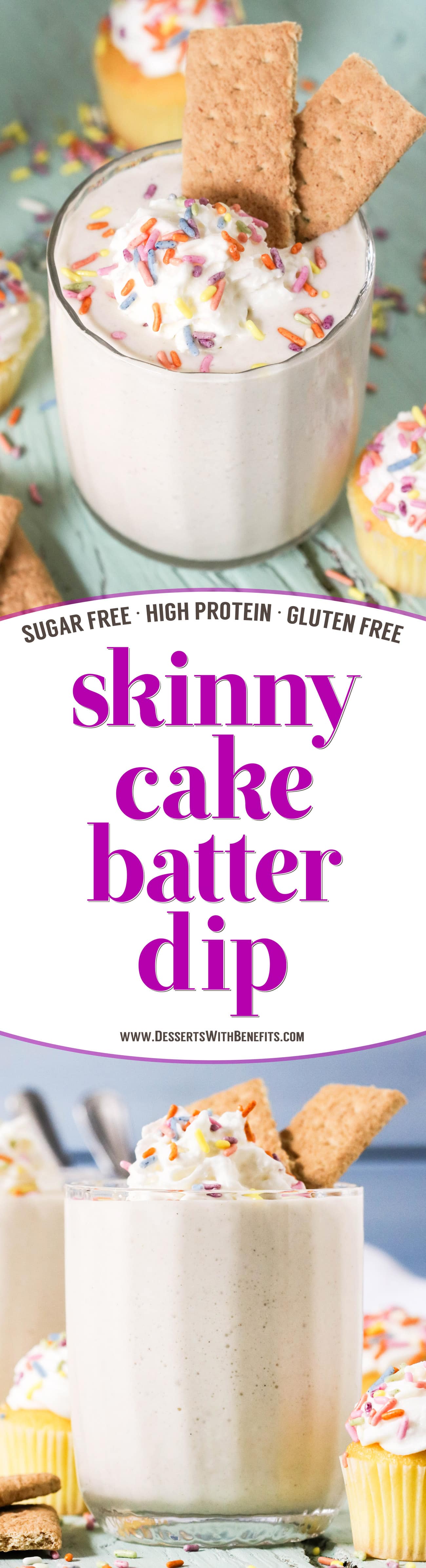 This Cake Batter Dip looks and tastes like you tossed a slice of Vanilla Cake into a blender, frosting and all!  It's ultra buttery and sweet, rich and flavorful, and smooth and creamy.  One bite and you'd never guess it's healthy, sugar free, low fat, high protein, and gluten free too.  Serve up this deliciousness alongside some Graham Crackers, Animal Crackers, fresh strawberries, or spoons alone.