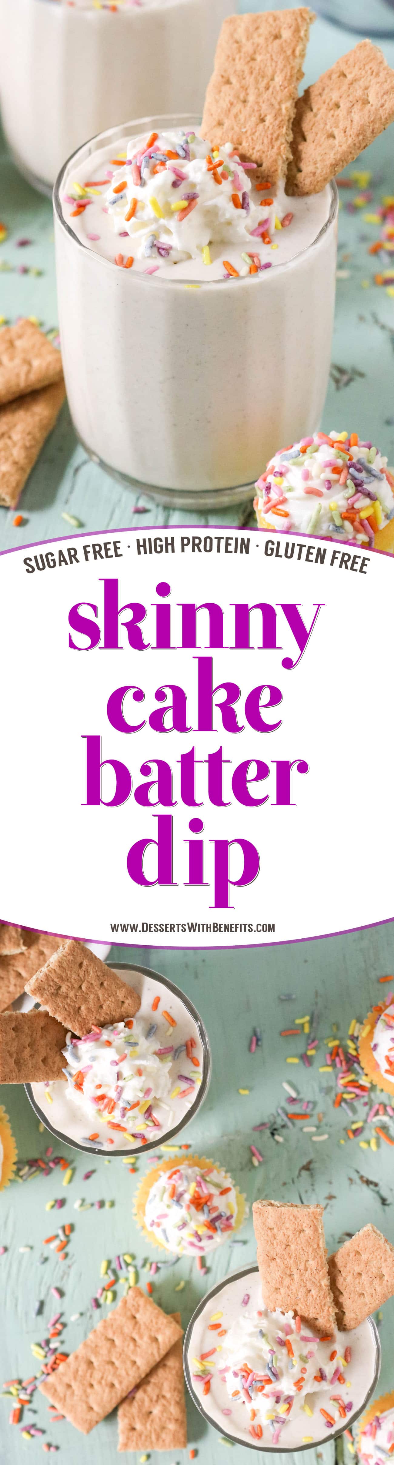 This Cake Batter Dip looks and tastes like you tossed a slice of Vanilla Cake into a blender, frosting and all!  It's ultra buttery and sweet, rich and flavorful, and smooth and creamy.  One bite and you'd never guess it's healthy, sugar free, low fat, high protein, and gluten free too.  Serve up this deliciousness alongside some Graham Crackers, Animal Crackers, fresh strawberries, or spoons alone.