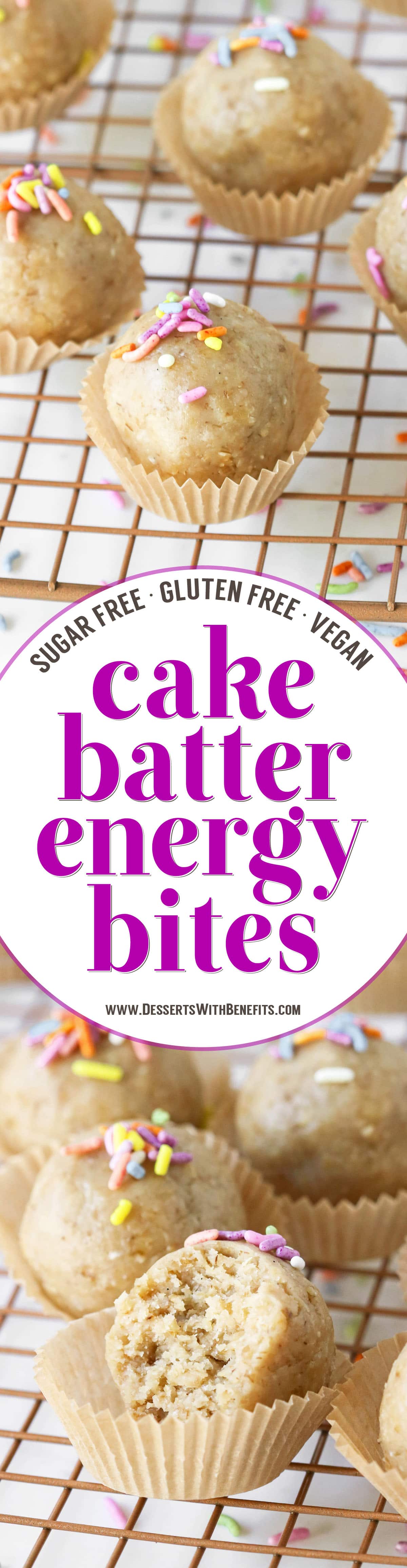 These 5-ingredient Cake Batter Energy Bites have got all the flavor of vanilla cake without the added sugar, butter, oil or eggs. Yep, these healthy no-bake energy bites are sugar free, gluten free, dairy free, and vegan.