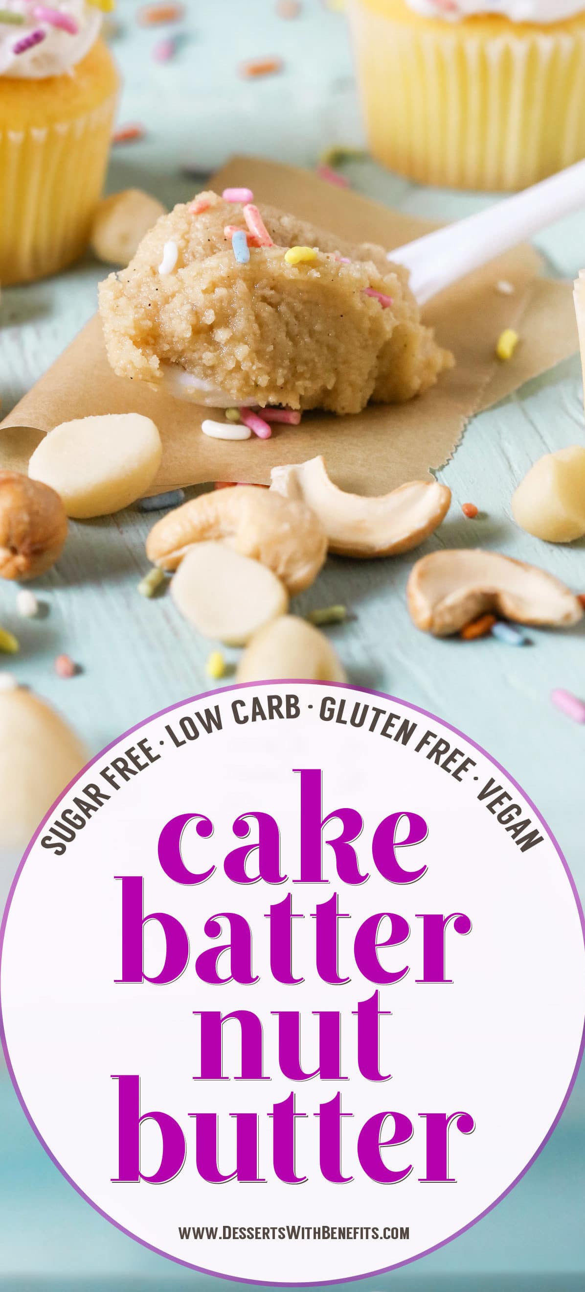 This Healthy Cake Batter Nut Butter is sweet, buttery, dense, thick, and spreadable. This easy 5-ingredient recipe is sugar free, low carb, gluten free, dairy free, and vegan!