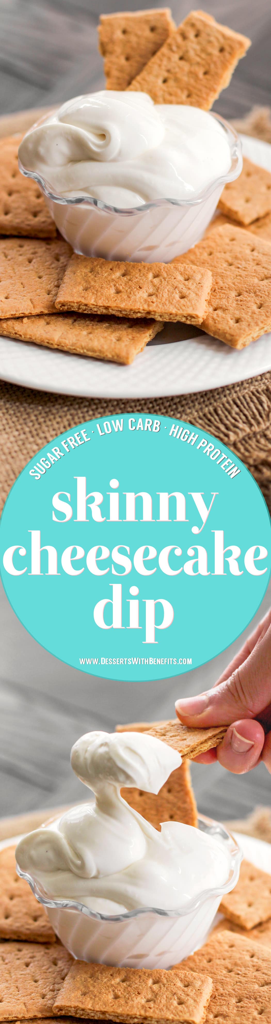 This 90-calorie Cheesecake Dip is ultra creamy, sweet, and satisfying. It tastes just like cheesecake batter, except it's sugar free, low fat, low carb, and high protein! All you need are 4 ingredients and a few minutes to make this secretly healthy, no-bake dessert dip! 