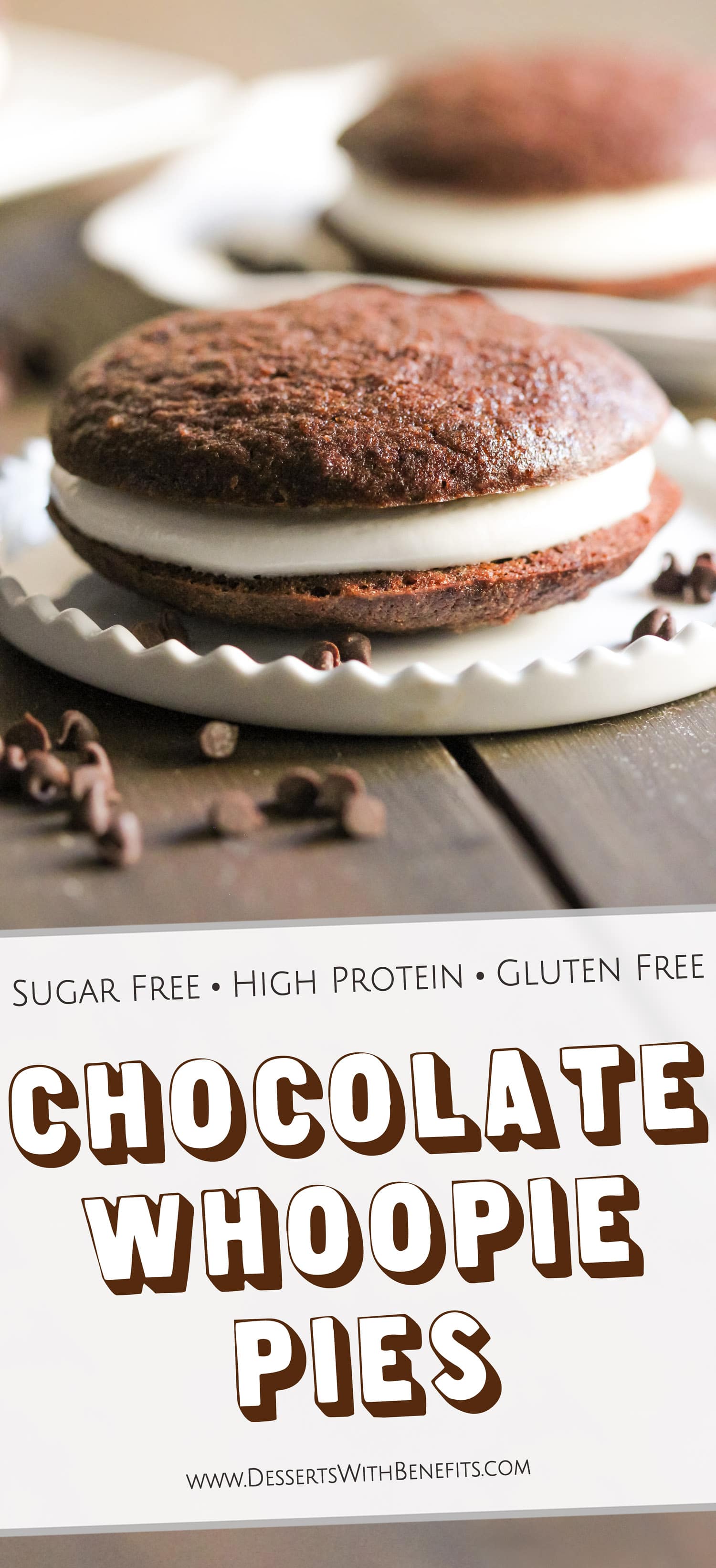 These Healthy Chocolate Whoopie Pies are so soft, light, and fluffy (like a hybrid between a cake and cookie), that you'd never ever know they're sugar free, high protein, gluten free, and dairy free too! Healthy Dessert Recipes with sugar free, low fat, gluten free, and vegan options at the Desserts With Benefits Blog (www.DessertsWithBenefits.com)