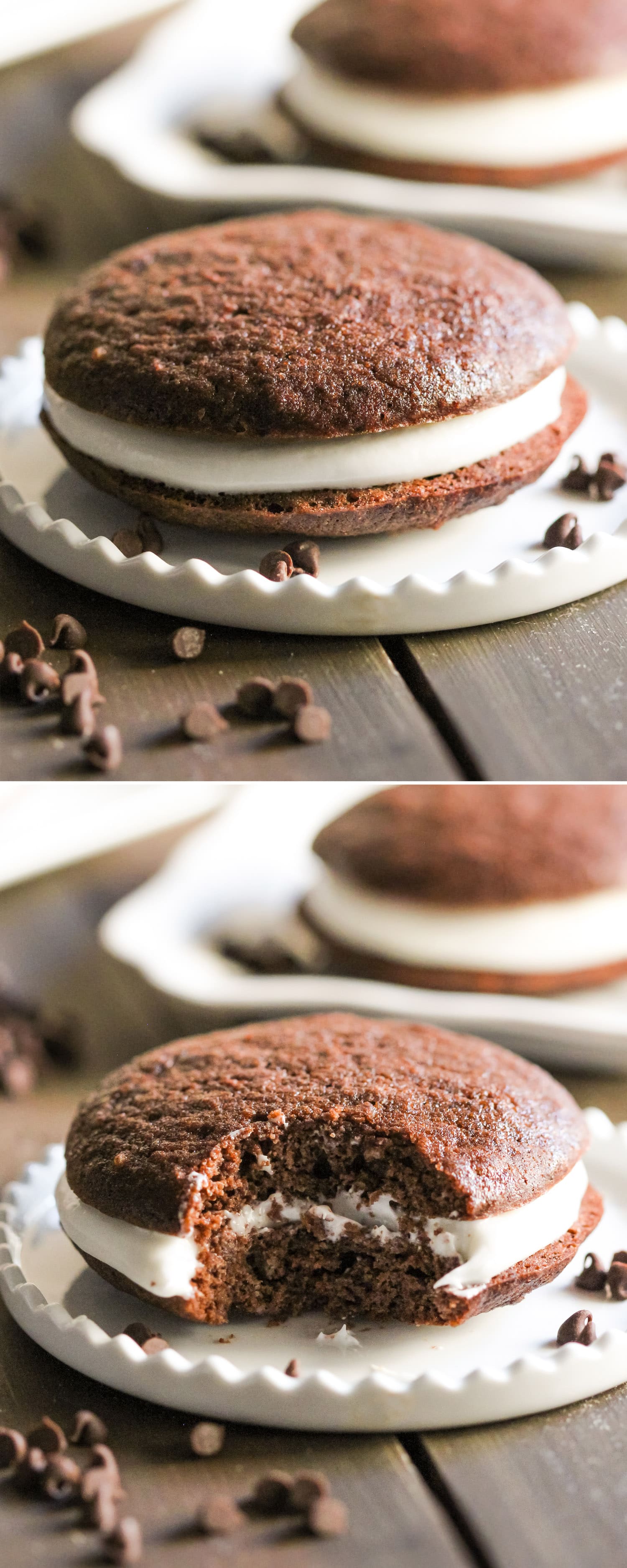 These Healthy Chocolate Whoopie Pies are so soft, light, and fluffy (like a hybrid between a cake and cookie), that you'd never ever know they're sugar free, high protein, gluten free, and dairy free too! Healthy Dessert Recipes with sugar free, low fat, gluten free, and vegan options at the Desserts With Benefits Blog (www.DessertsWithBenefits.com)