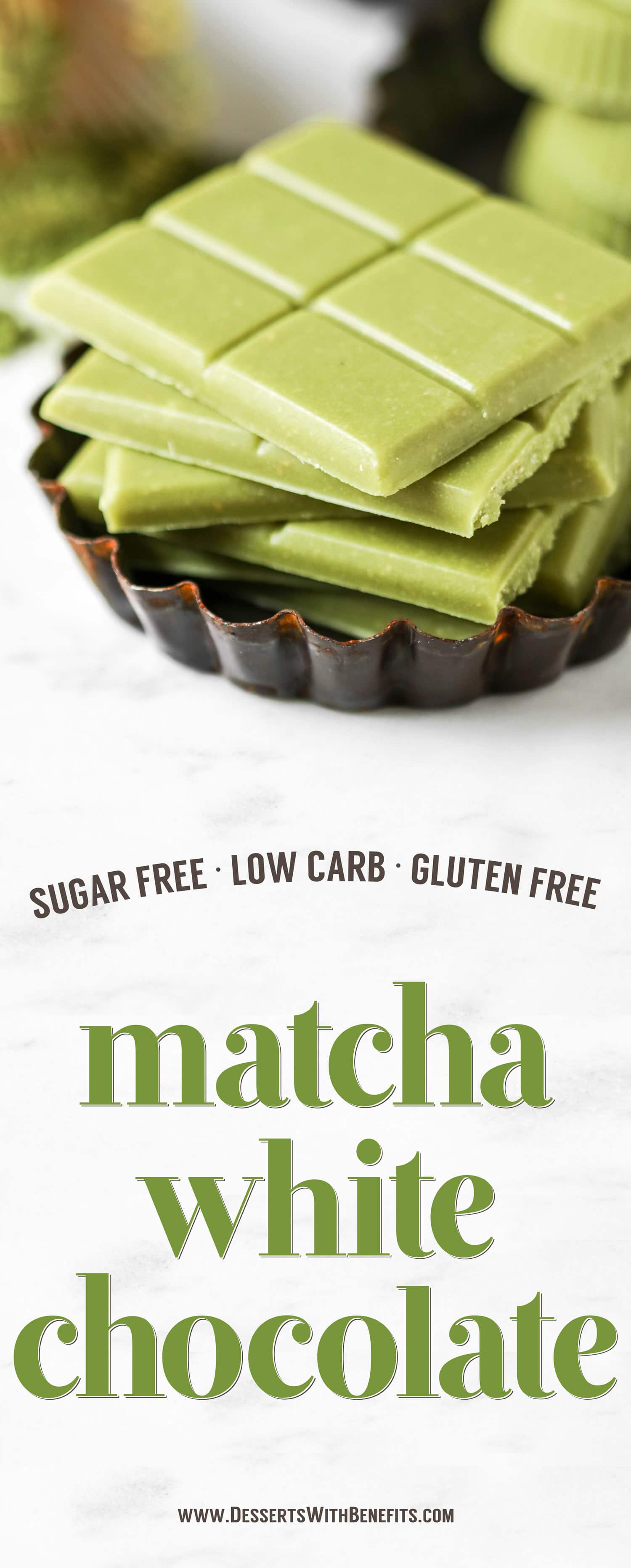 If you like matcha green tea and if you like white chocolate, combine the two and make this Matcha Green Tea White Chocolate! It's earthy from the matcha, yet sweet and delicious from the white chocolate.  This Homemade Matcha White Chocolate is the ultimate treat -- and it's secretly sugar free, low carb, and gluten free too!