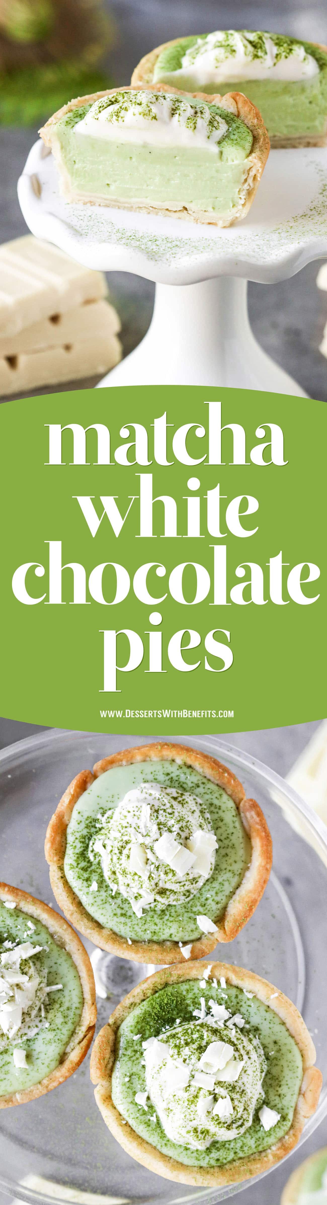 These Mini Matcha Green Tea White Chocolate Pies have a light and flaky pie crust filled with a creamy, sweet, delicious matcha-white chocolate filling.