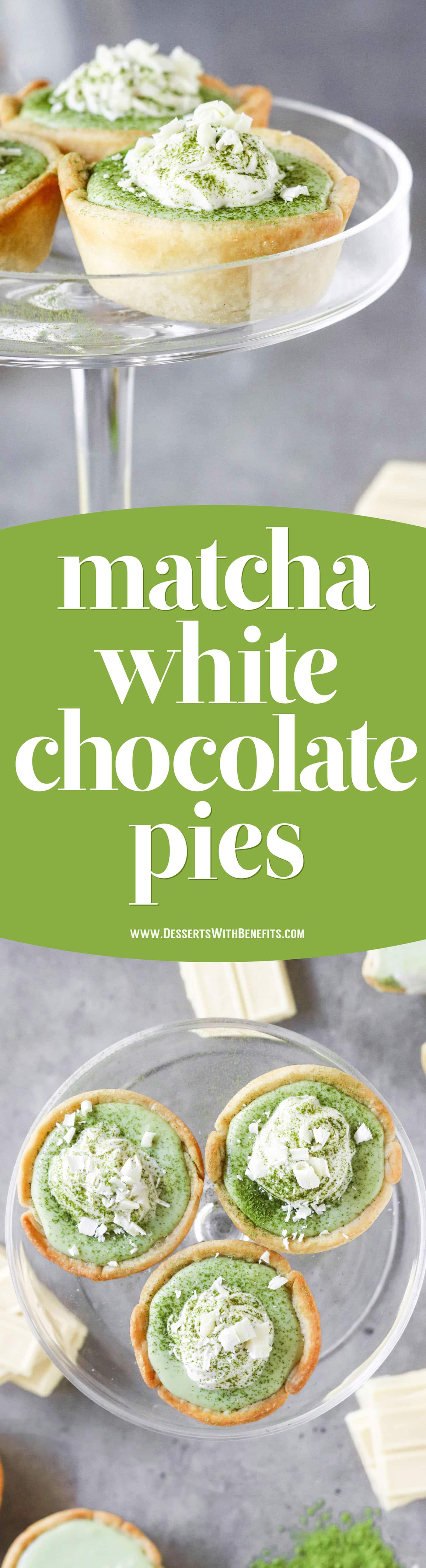 These Mini Matcha Green Tea White Chocolate Pies have a light and flaky pie crust filled with a creamy, sweet, delicious matcha-white chocolate filling.