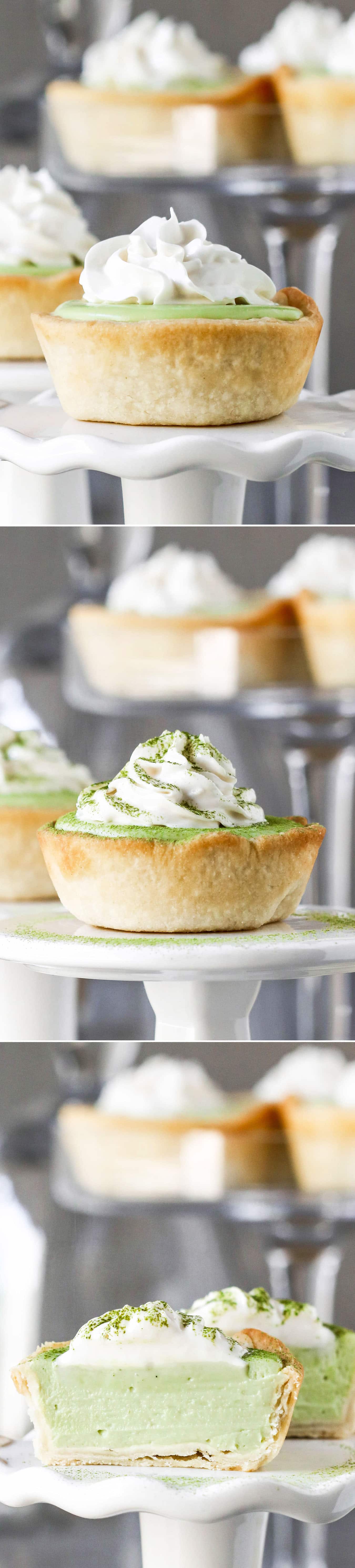 These Mini Matcha Green Tea White Chocolate Pies have a light and flaky pie crust filled with a creamy, sweet, delicious matcha-white chocolate filling.
