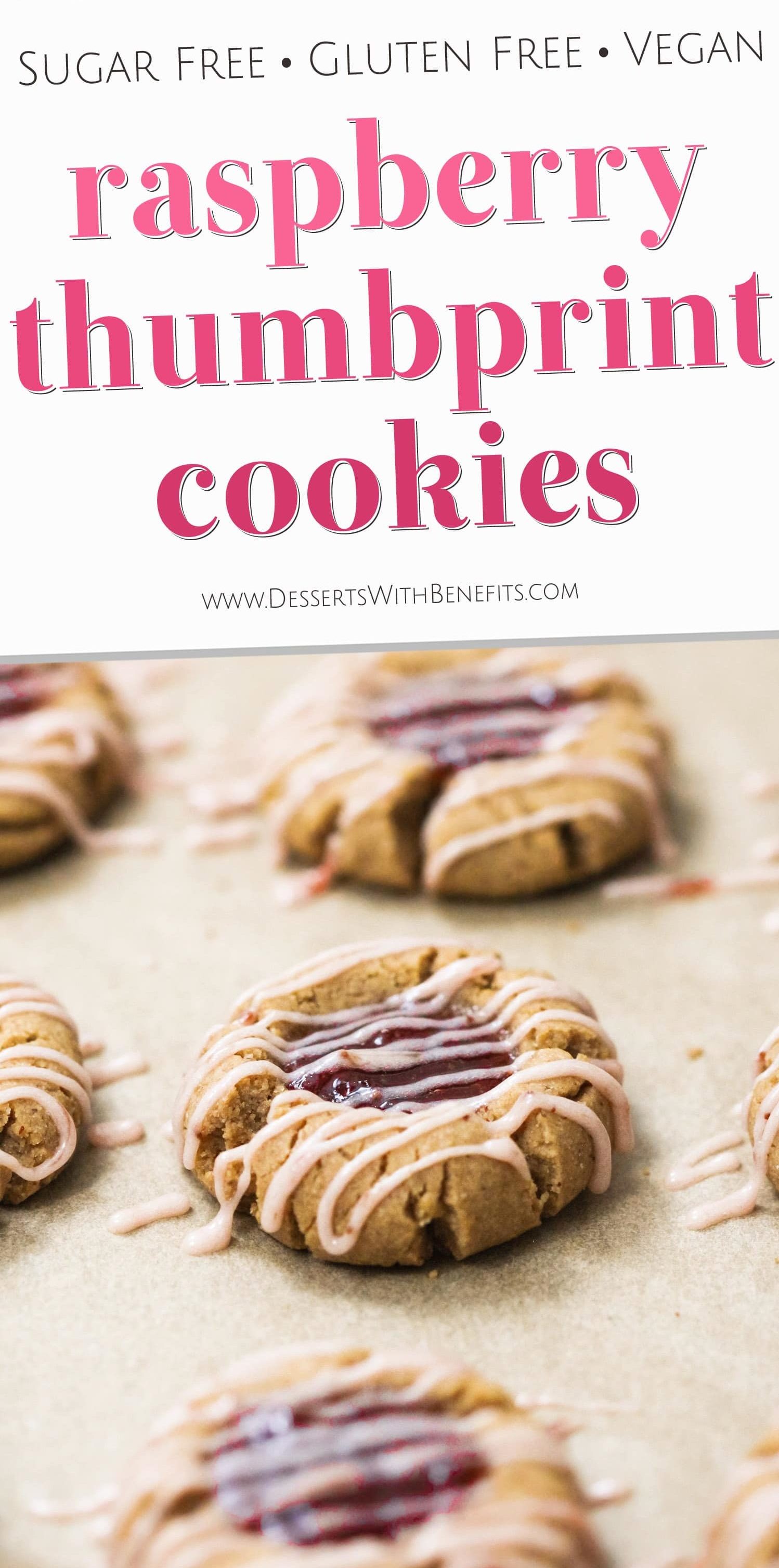 These Healthy Raspberry Thumbprint Cookies are so soft, chewy, and delicious (not to mention, easy to make!), you'd never know they're refined sugar free, gluten free, dairy free, and vegan too! Healthy Dessert Recipes with sugar free, low fat, gluten free, and vegan options at the Desserts With Benefits Blog (www.DessertsWithBenefits.com)