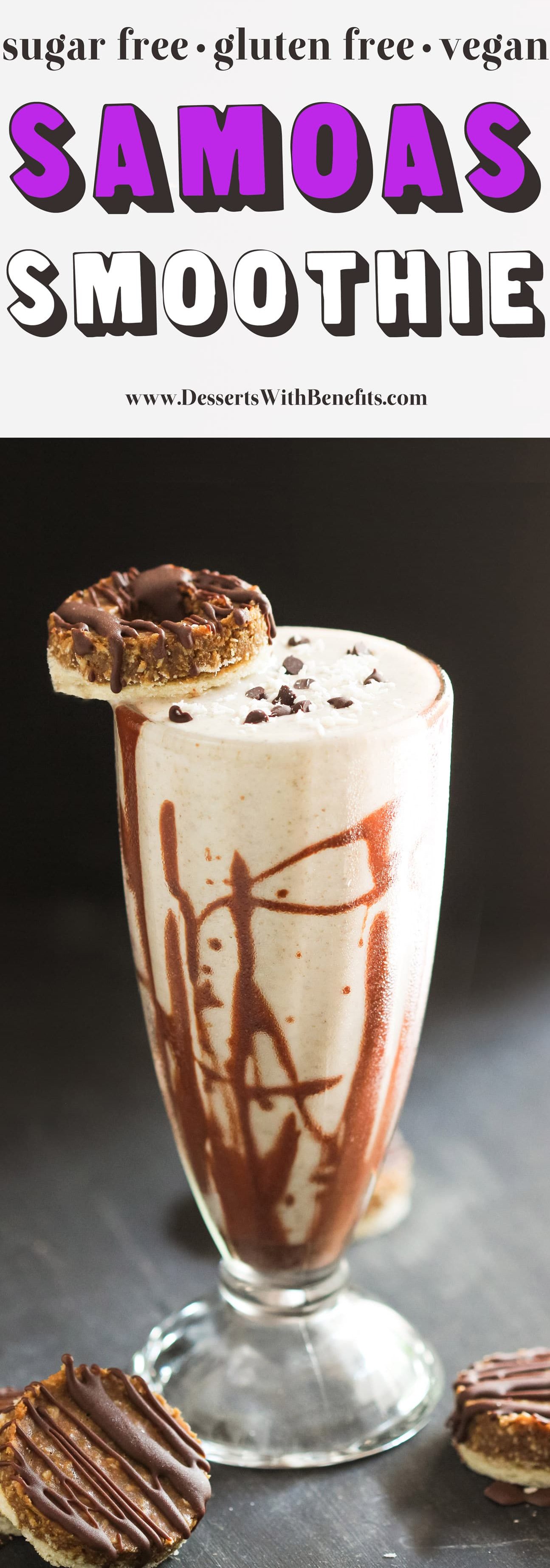 Healthy Samoas Smoothie! If you're craving something full of caramel, coconut, and chocolate flavor, this recipe is for you! No need for the sugary Girl Scouts cookies made with highly processed, artificial ingredients when this creamy smoothie is around. Oh, and it's totally breakfast worthy -- it's sugar free, low fat, gluten free, dairy free, and vegan too! Healthy Dessert Recipes at the Desserts With Benefits Blog (www.DessertsWithBenefits.com)